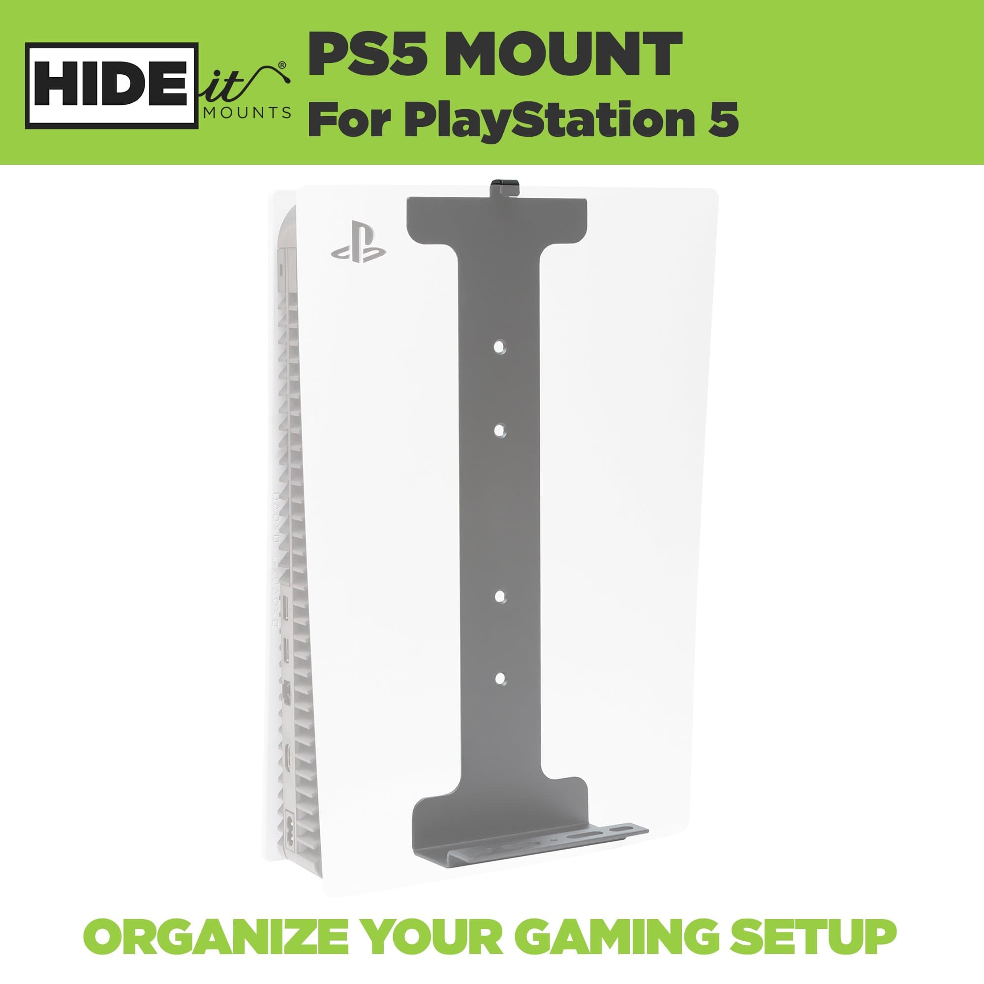 New PlayStation 5 shown greyed out while installed in a HIDEit Wall Mount designed for the newest Playstation.