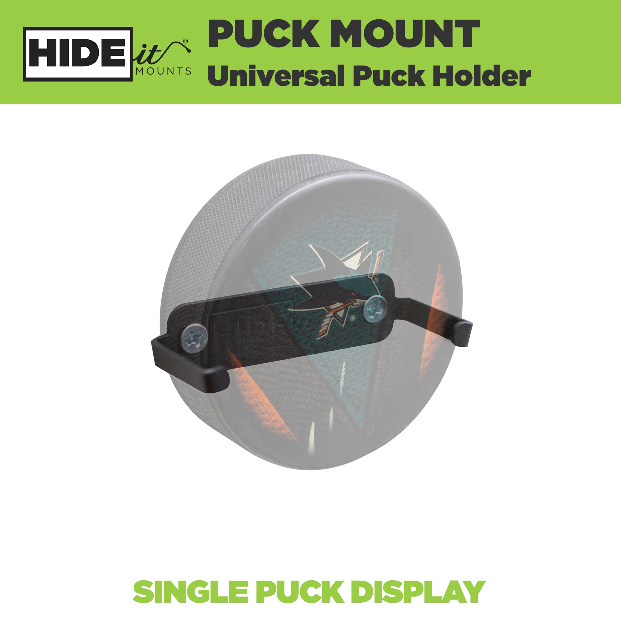 2. HIDEit Mounts Puck universal hockey puck holder product image with ghosted hockey puck.