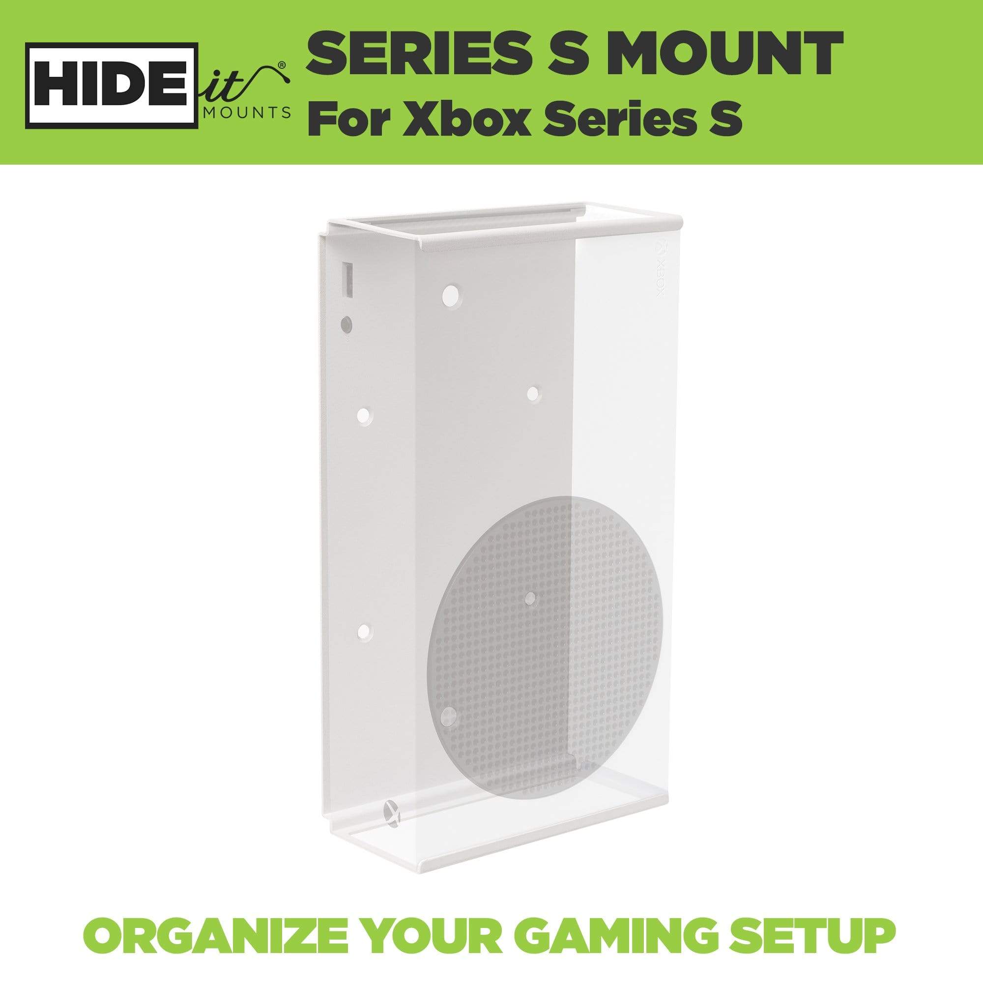 New Xbox Series S console shown greyed out in a white HIDEit Xbox Series S Wall Mount. Perfect to organize any gaming setup.