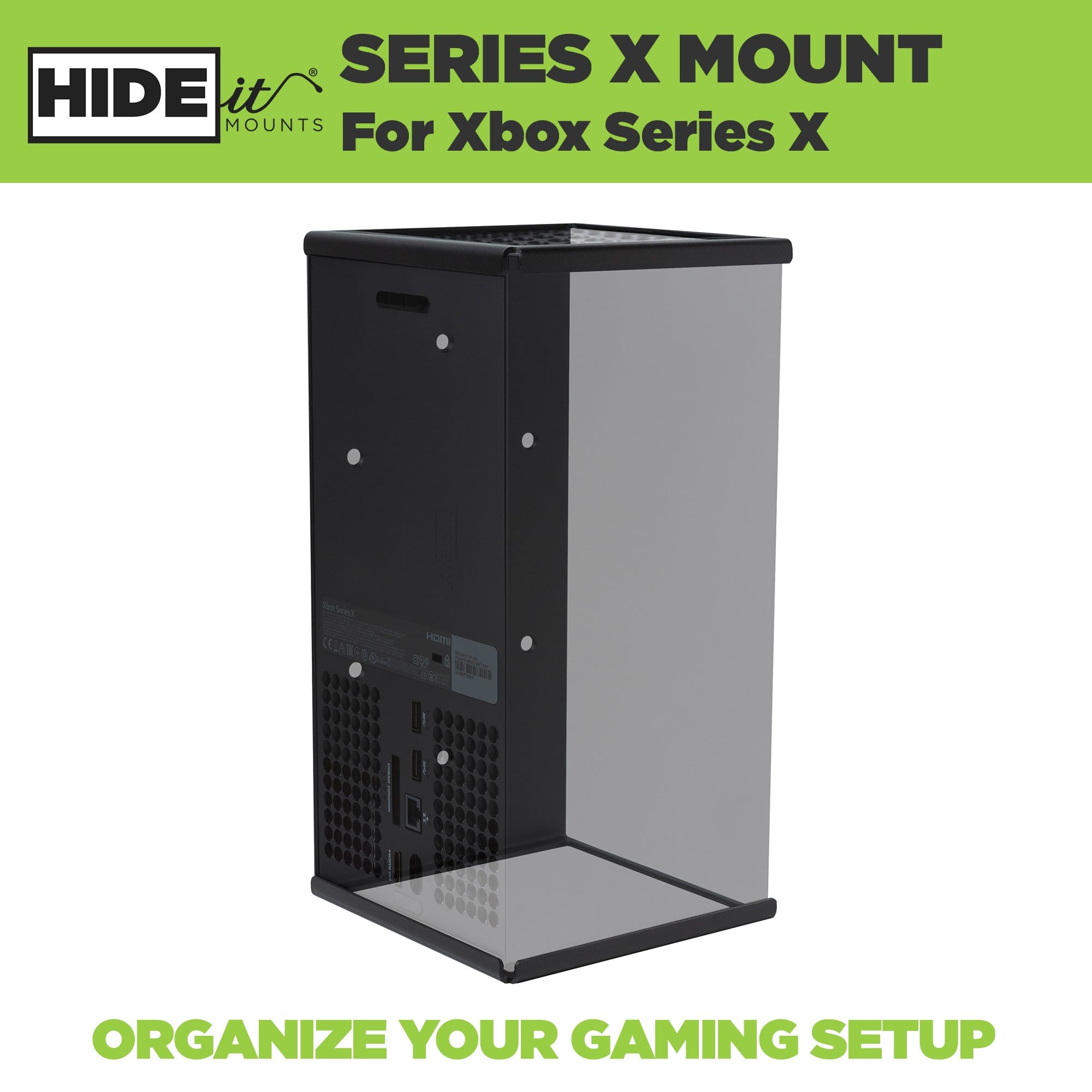 Xbox Series X console shown greyed out in a HIDEit Mount designed for the Xbox Series X.