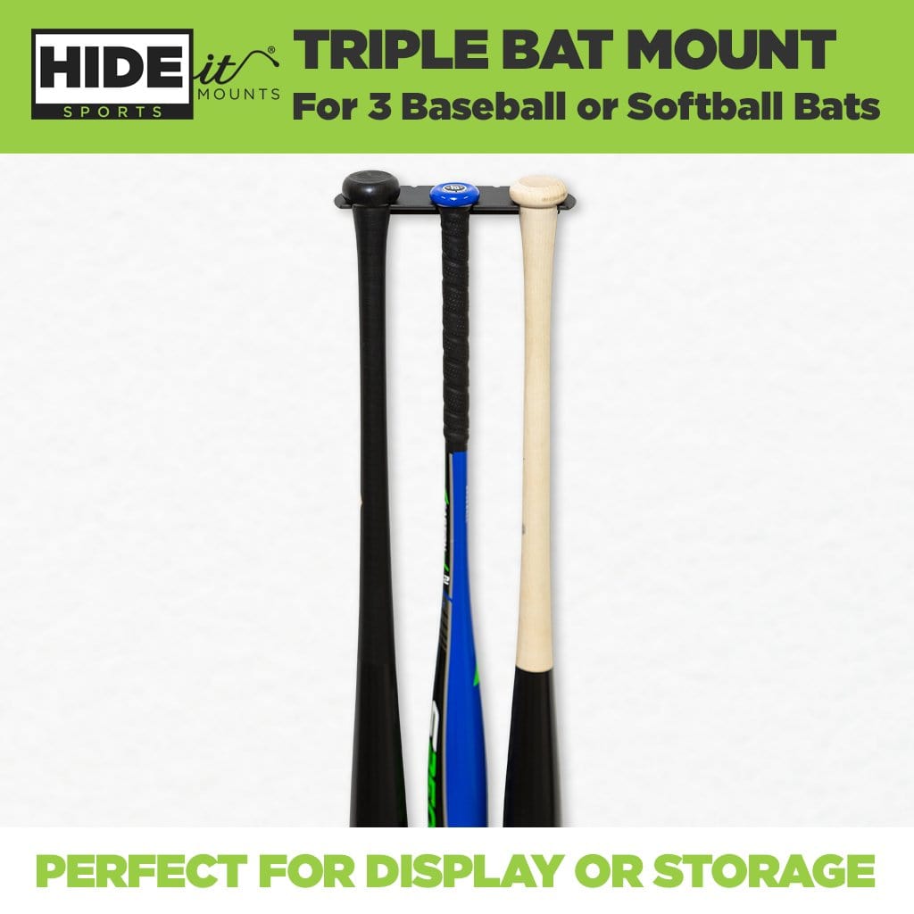 Drop 3 Bat, Youth Bat, T-Ball Bat, and Adult Bat securely wall mounted in a HIDEit Triple Bat Mount for storage or display. 