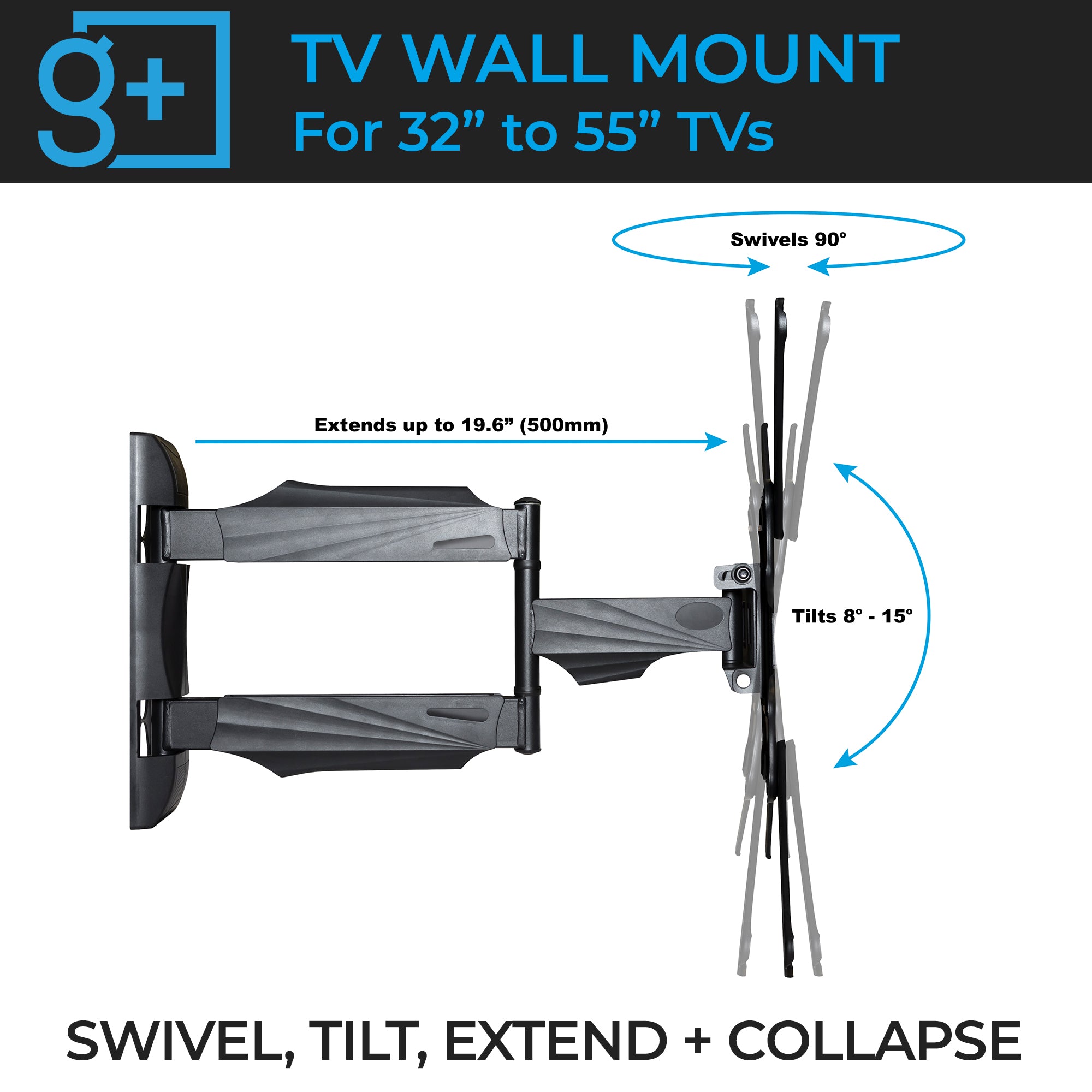 Gadgets+ TV wall mount swivels, tilts, extends and collapses flush against the wall. Works perfect as a corner TV mount or swivel TV mount.
