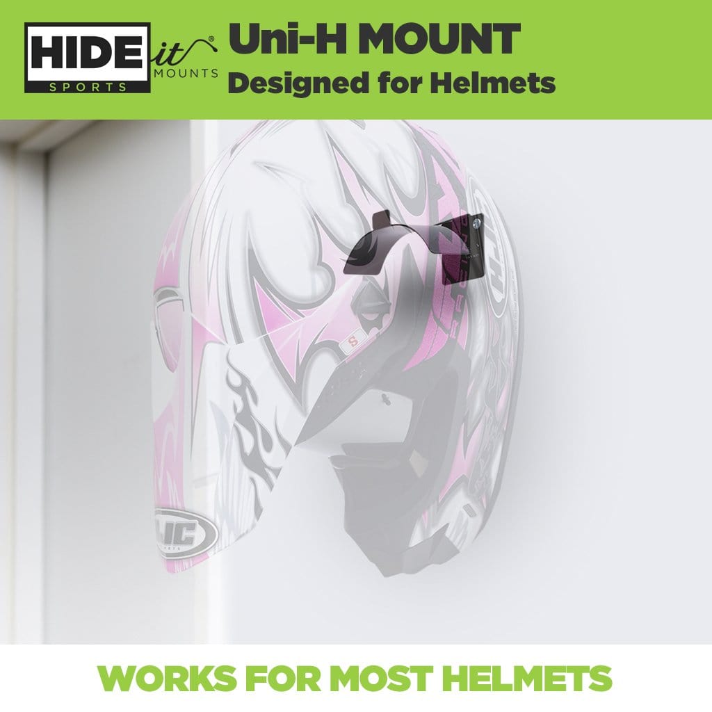 Transparent motocross helmet shown mounted on the wall using a steel HIDEit SPORTS Mount.