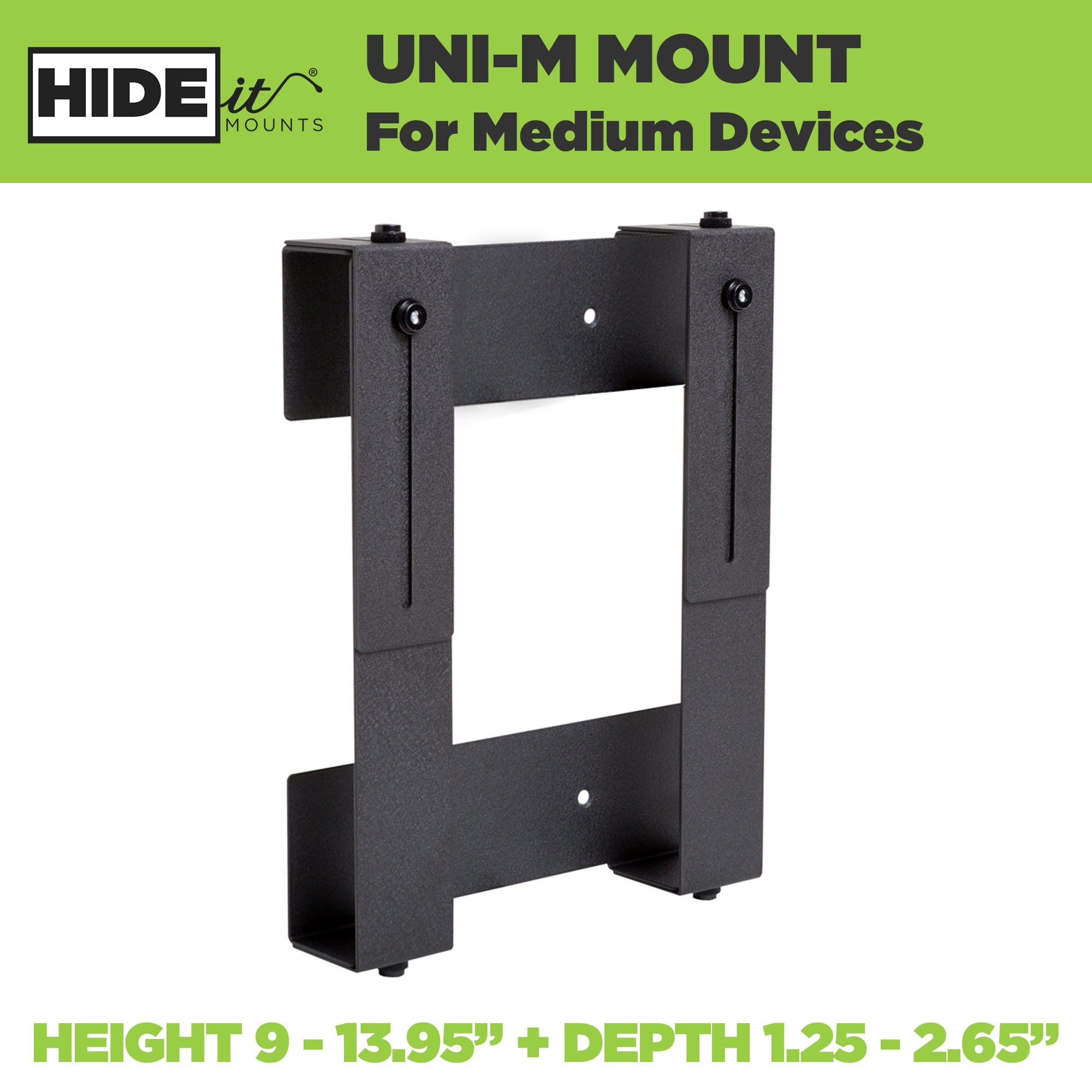 Steel adjustable wall mount for medium-sized electronic devices, made by HIDEit Mounts.