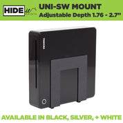 HIDEit Uni-SW adjustable wall hanging mount in black, silver, and white.