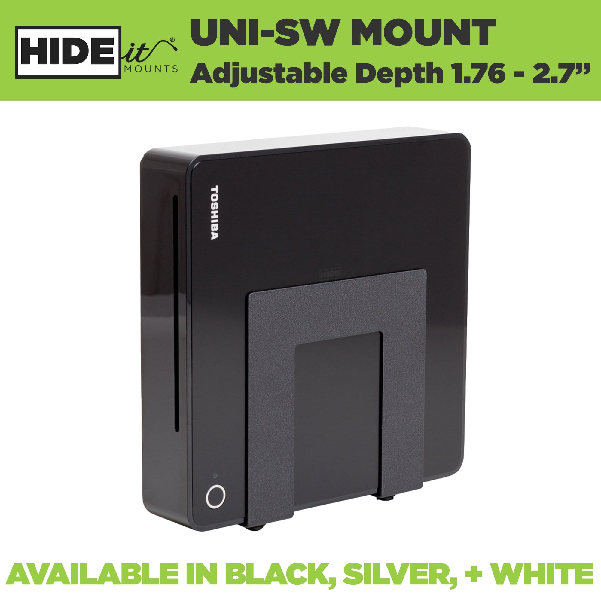 HIDEit Uni-SW adjustable wall hanging mount in black, silver, and white.