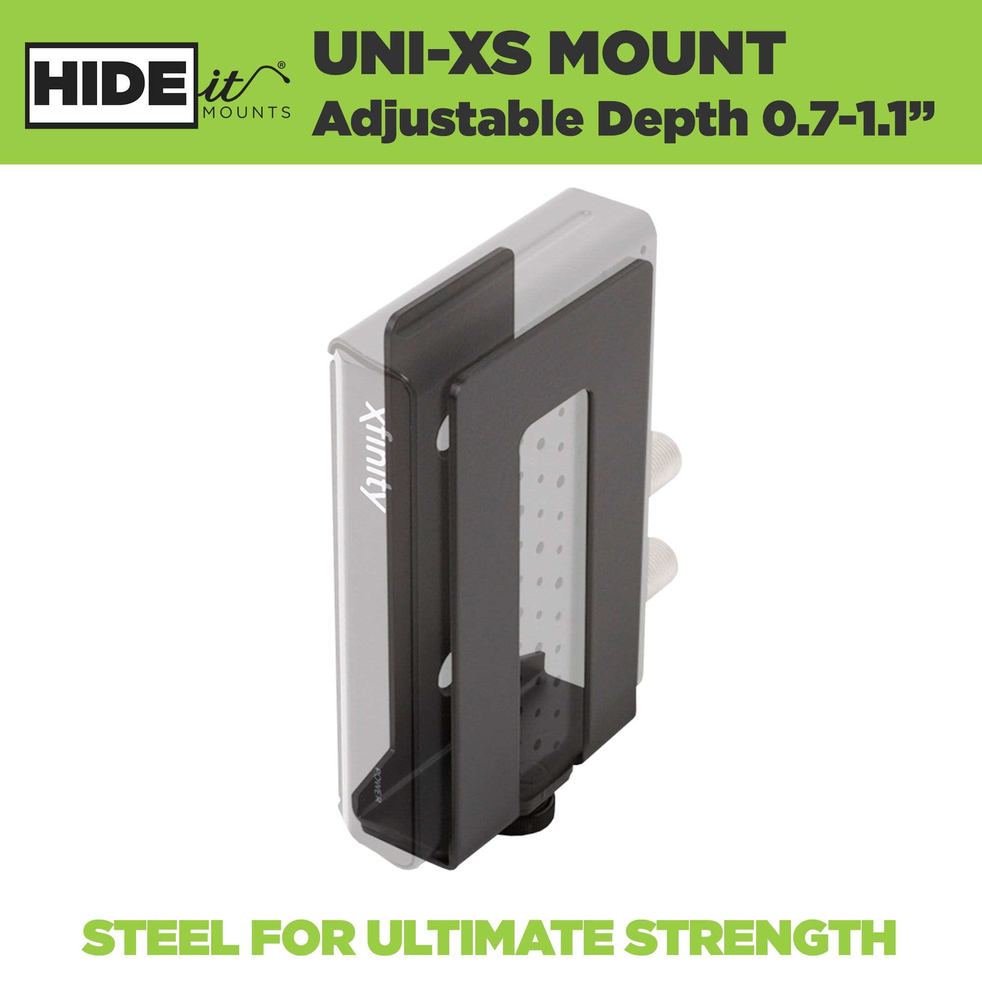 Adjustable steel HIDEit Uni-XS Mount holds extra small electronics and can be wall or VESA mounted.