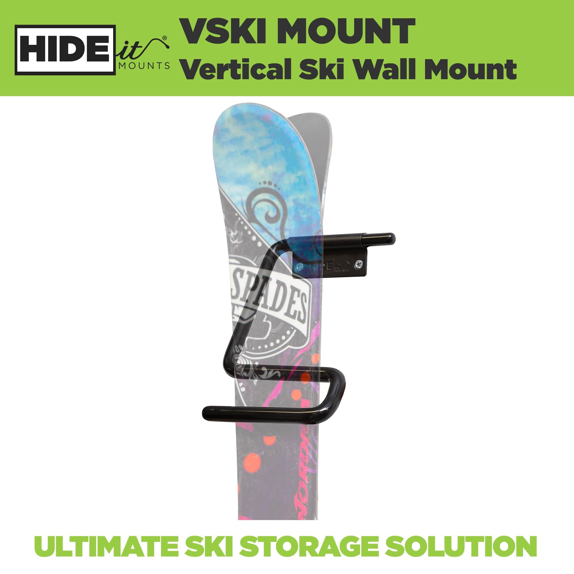 Pair of greyed out skis mounted in the HIDEit Vertical Ski Wall Mount. Ultimate ski storage solution - perfect for garage storage.