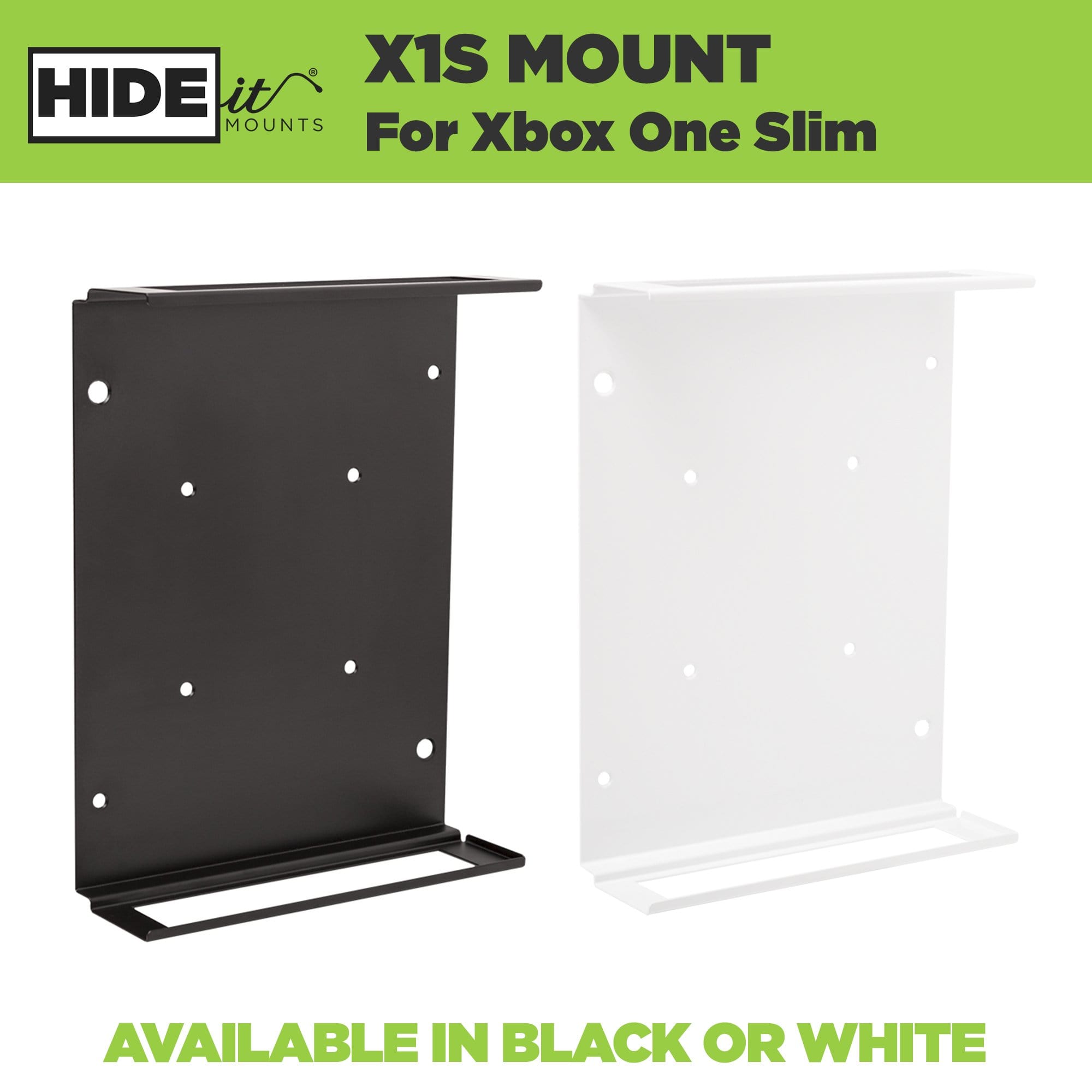 White empty Xbox One S Wall Mount next to a black empty Xbox 1 S Mount