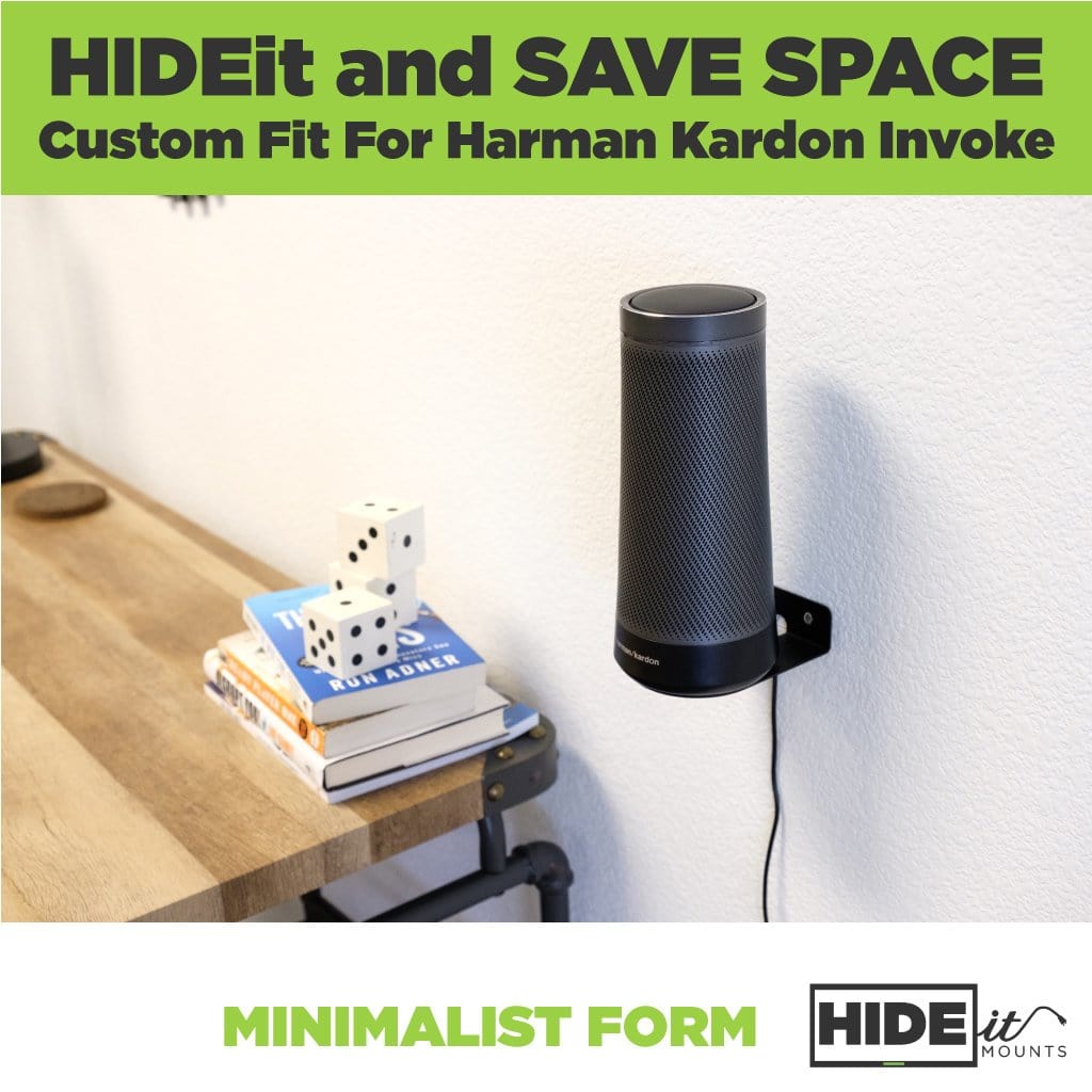 Harman Kardon Invoke Speaker mounted next to a desk in a wall mount designed for the Invoke Harman Kardon.