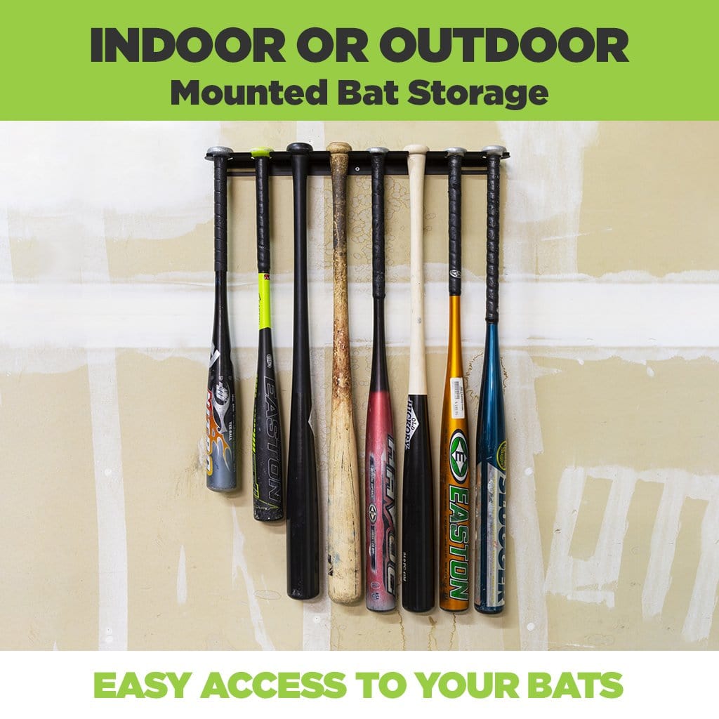 Vertical baseball bat wall mount made from steel with eight bats securely mounted to it on an unpainted wall.