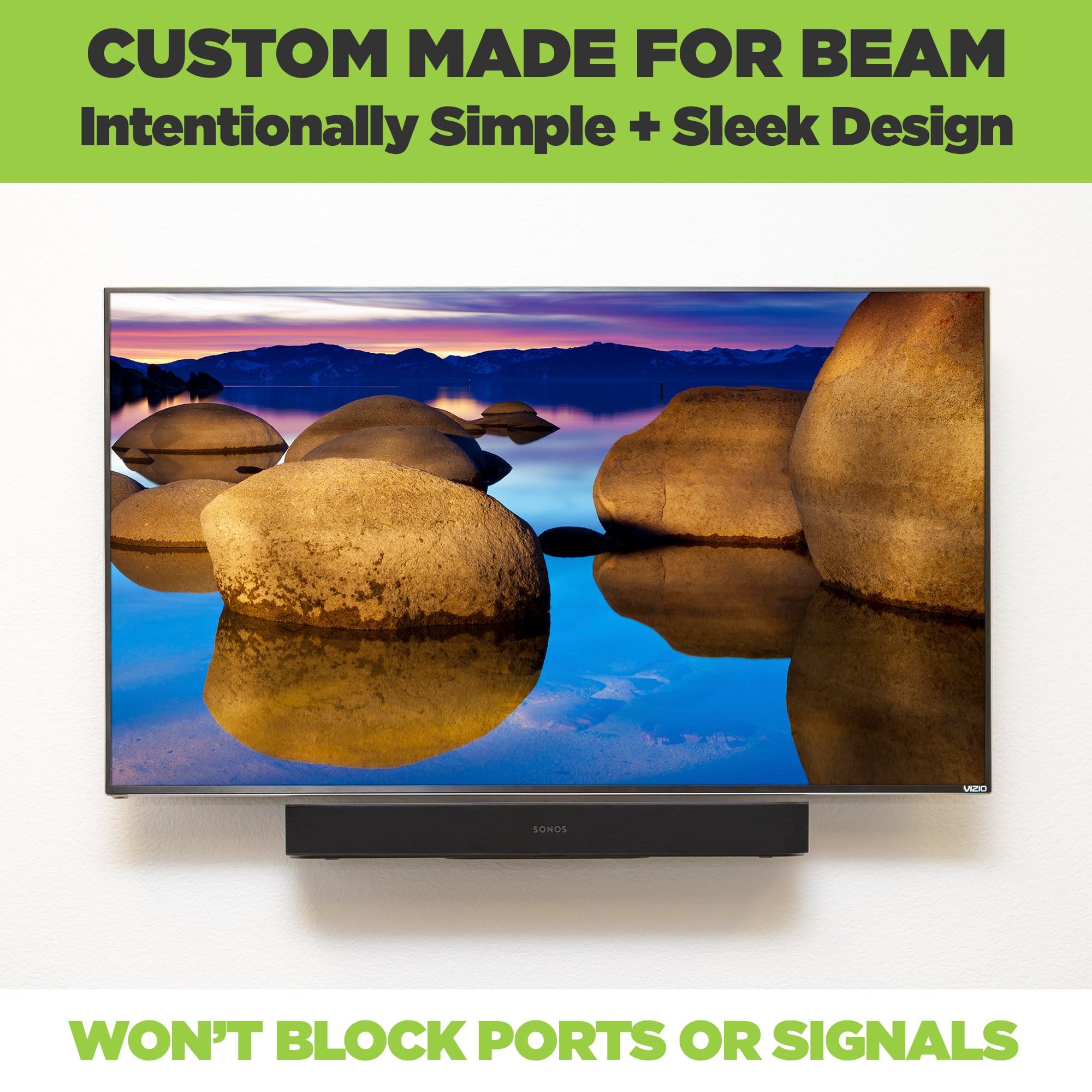 Custom made soundbar mount for the Sonos Beam by HIDEit Mounts mounted under the TV.