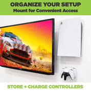 PS5 and DualSense charging dock mounted on the wall next to a wall mounted TV in HIDEit Mounts. DualSense controllers are charging in the DualSense charger.