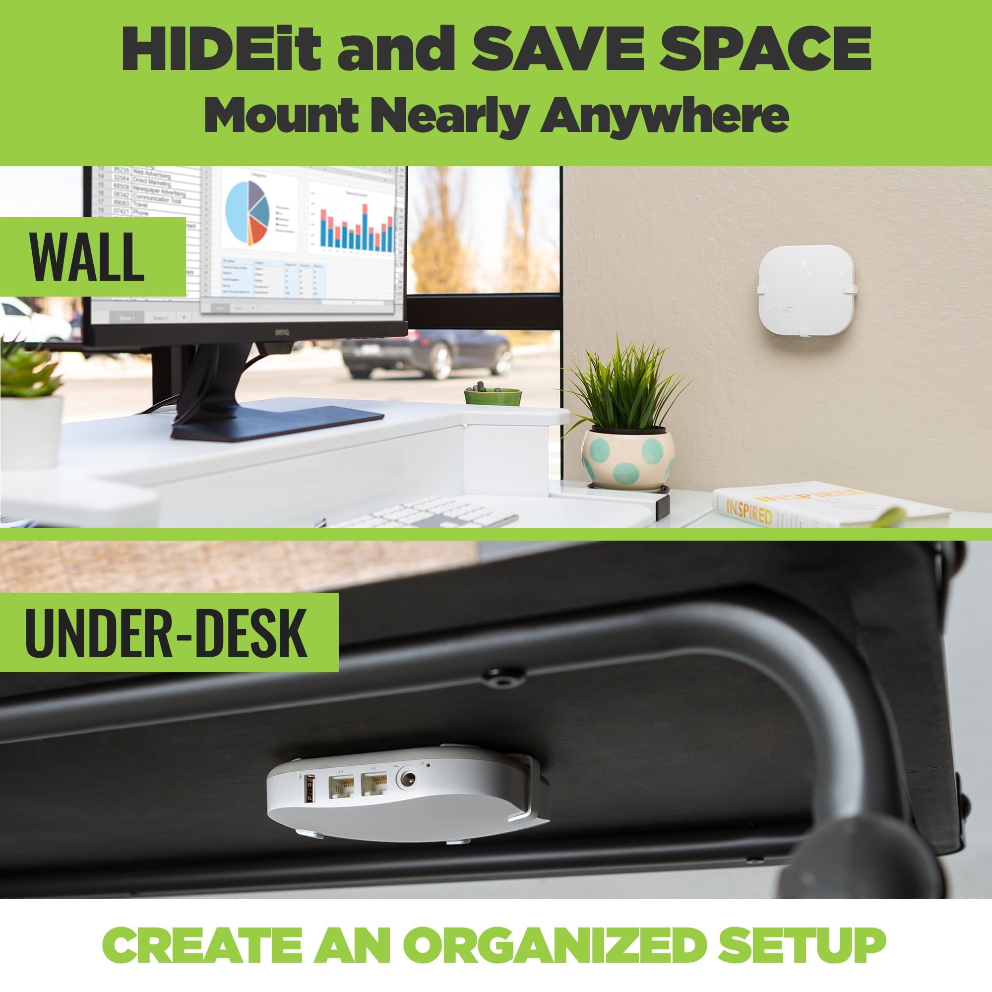 The HIDEit Eero Pro Mount can be wall mounted or under-desk mounted to create an organized setup.
