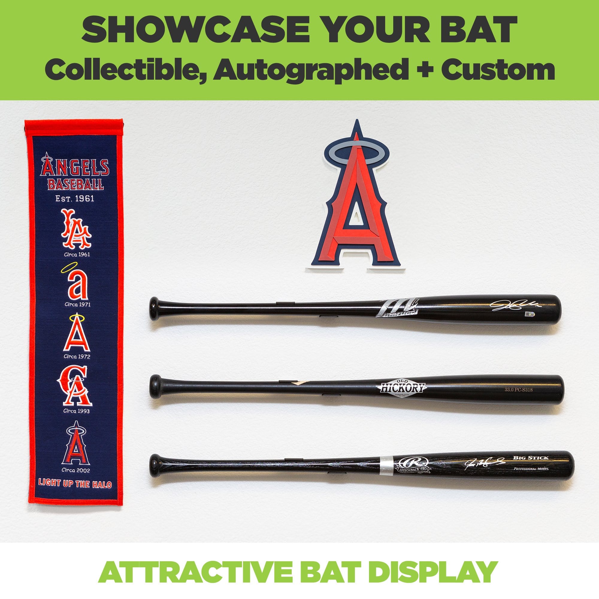 Three baseball bats wall mounted in a horizontal bat rack by HIDEit Mounts.