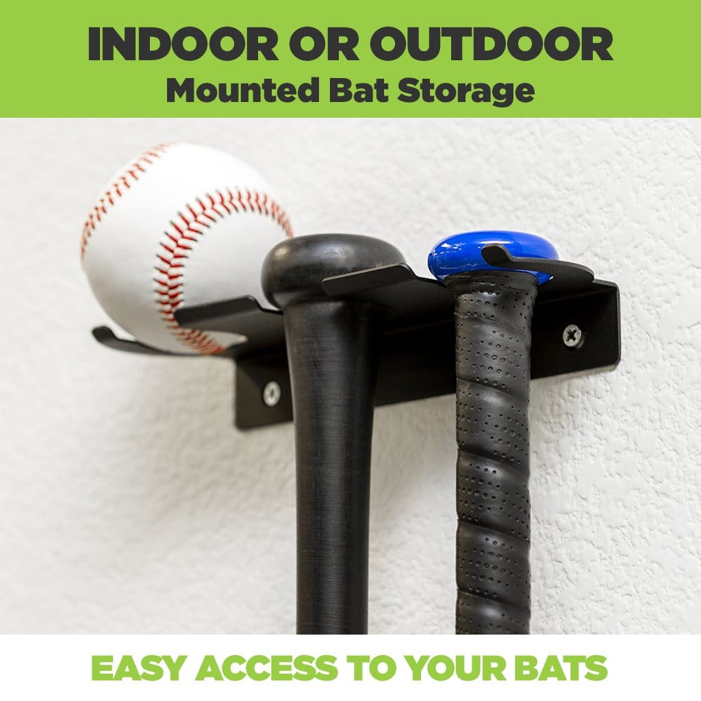 Mounted Adult Bats and Youth Bat along with baseball in a HIDEit SPORTS Triple Bat Mount for indoor or outdoor mounting. 