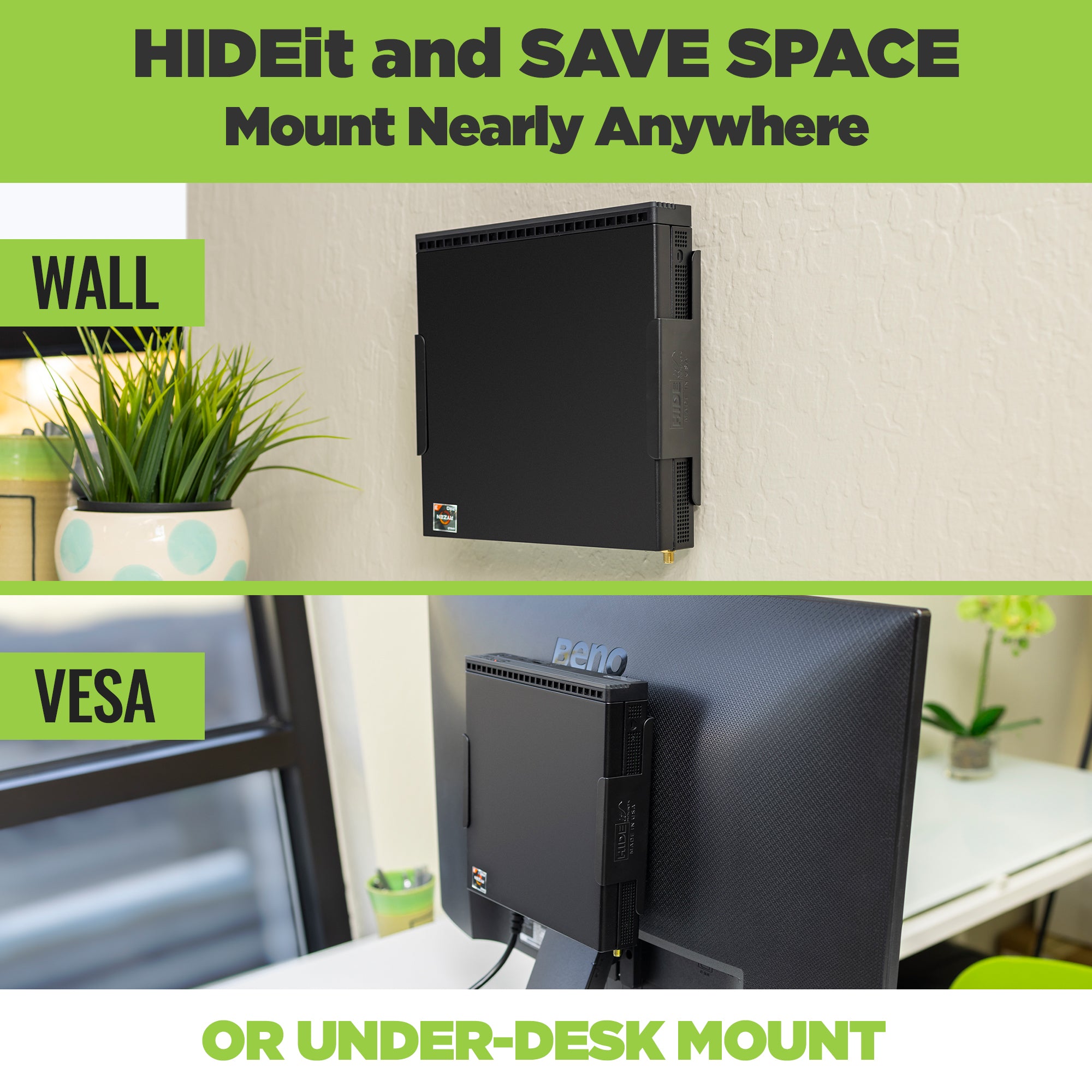 The HIDEit Mount for the Lenovo ThinkCentre M Series PC can we wall mounted, VESA mounted or under-desk mounted. 