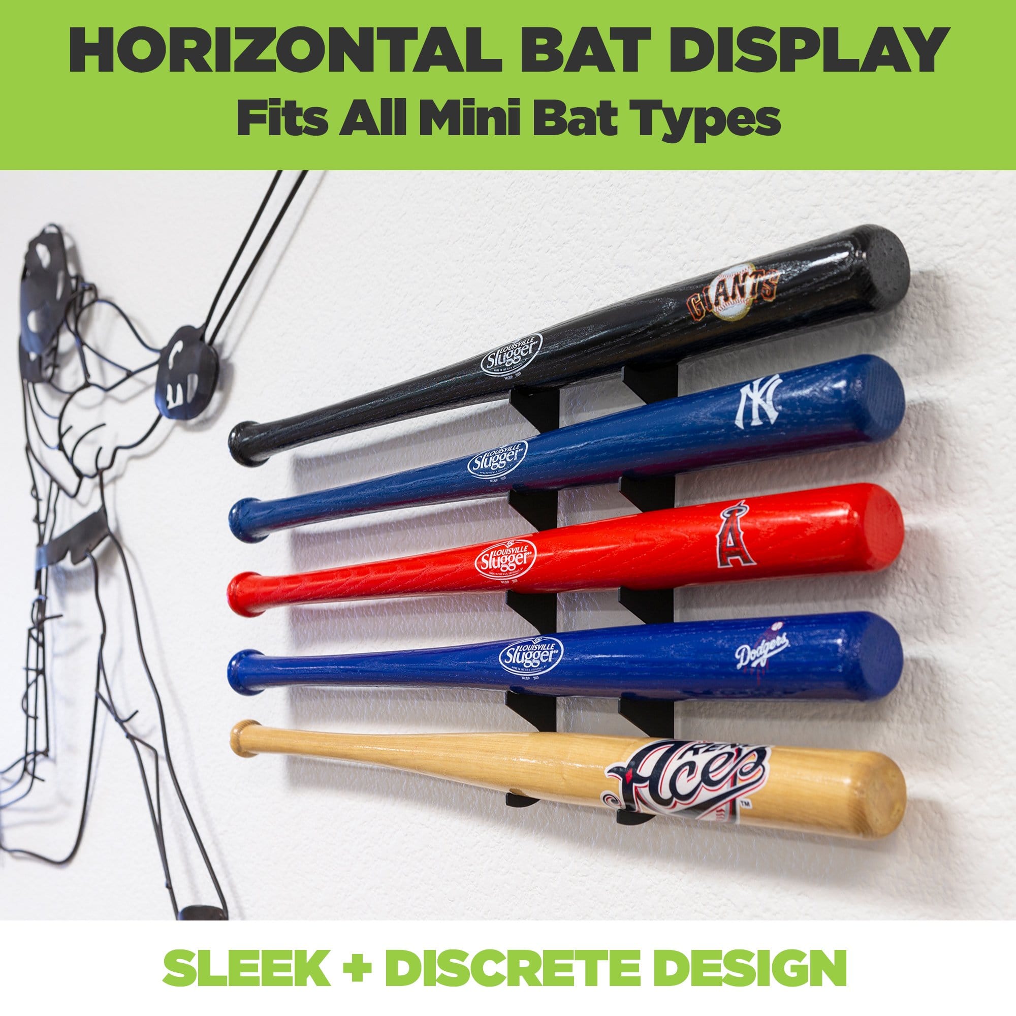 Side view of the HIDEit Mini Bat Holder wall mounted with 5 souvenir bats. Metal baseball sign also displayed with the bat mount.
