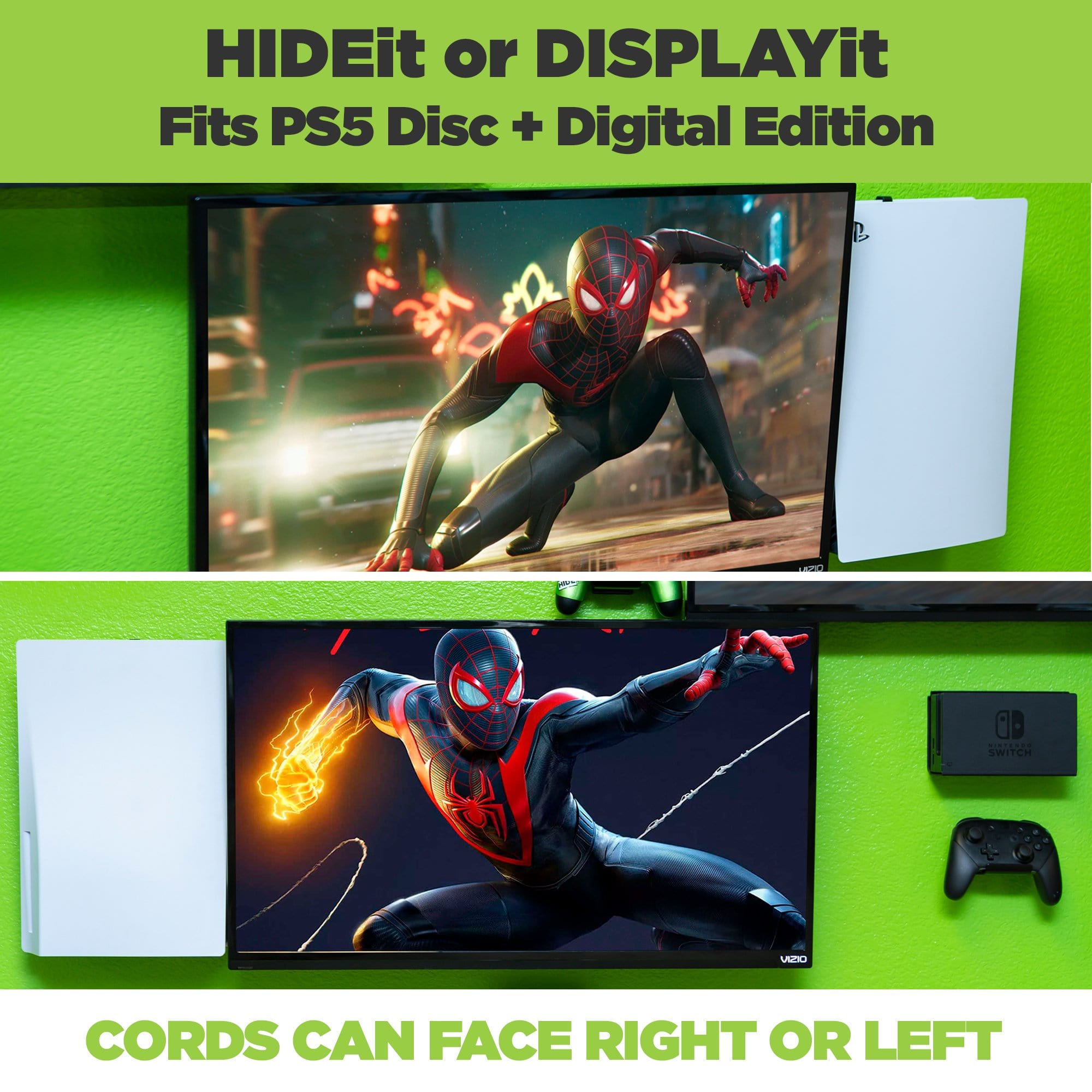 The HIDEit PS5 Mount can be wall mounted with the PS5 on the right or left side of the TV. 