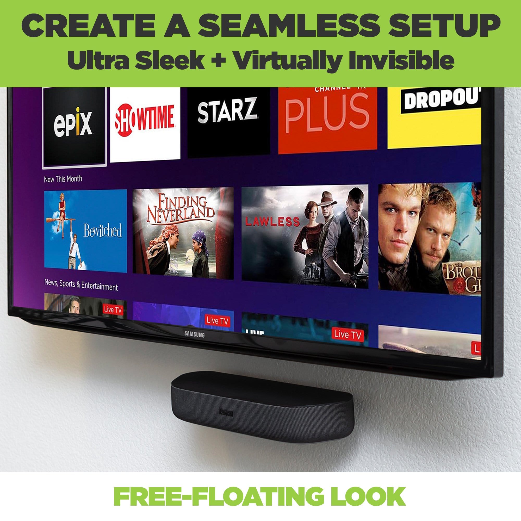 Roku Soundbar wall mounted below a wall mounted TV in the HIDEit Soundbar Mounting bracket