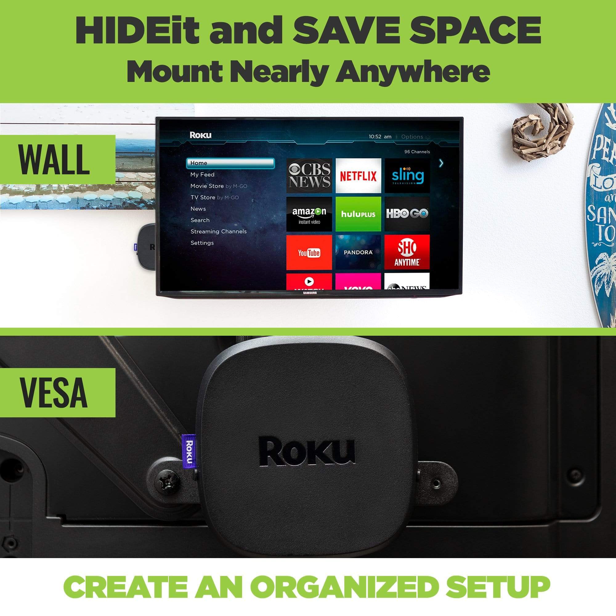 Roku Ultra 2020 wall mounted behind the TV and mounted behind the TV with the HIDEit Uni-VESA Adapter Bracket.