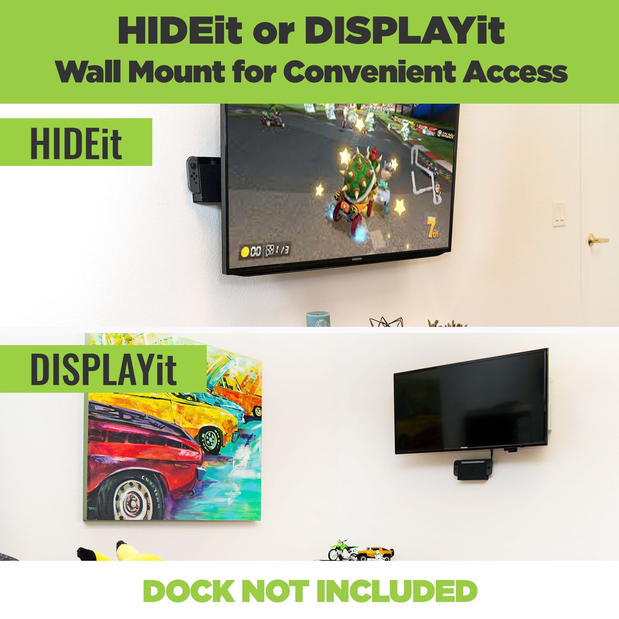 Nintendo Switch mounted behind the TV and on the wall using HIDEit wall mount for Nintendo Switch