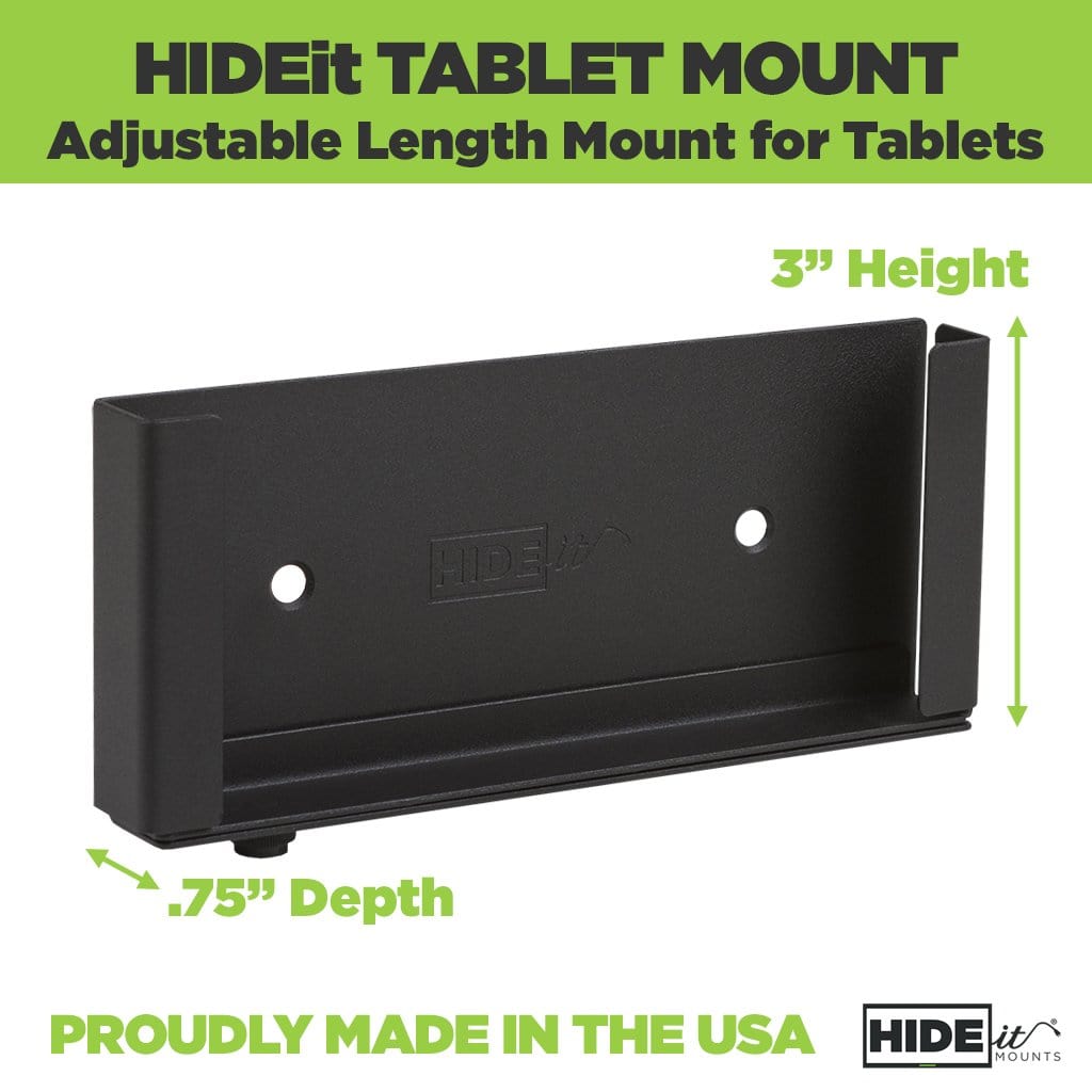 Empty black adjustable wall mount for tablets, including iPad mini, iPad Pro + Surface Pro.
