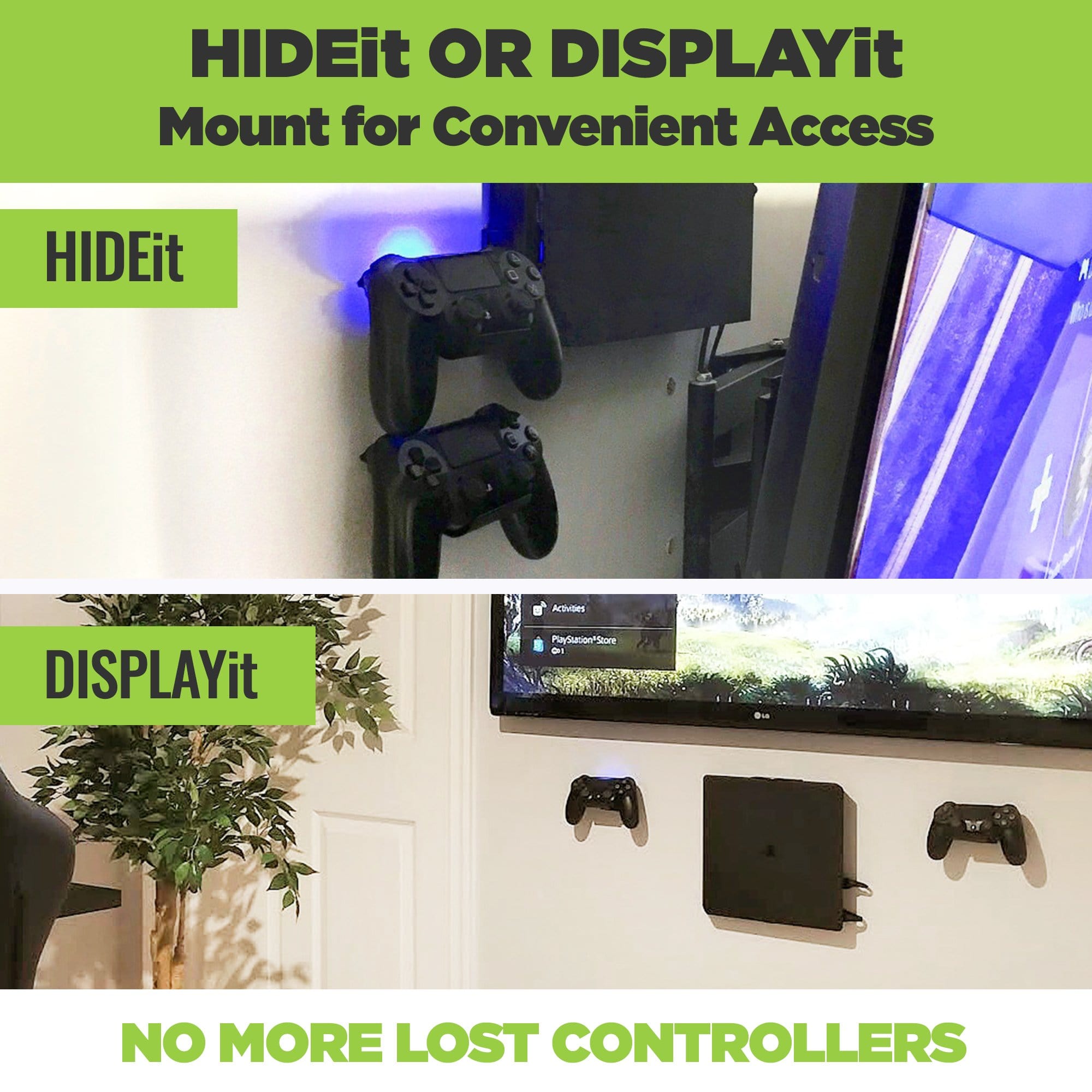 PlayStation controllers mounted, using the HIDEit Mount Uni-C, behind the TV on the wall and next to the TV.