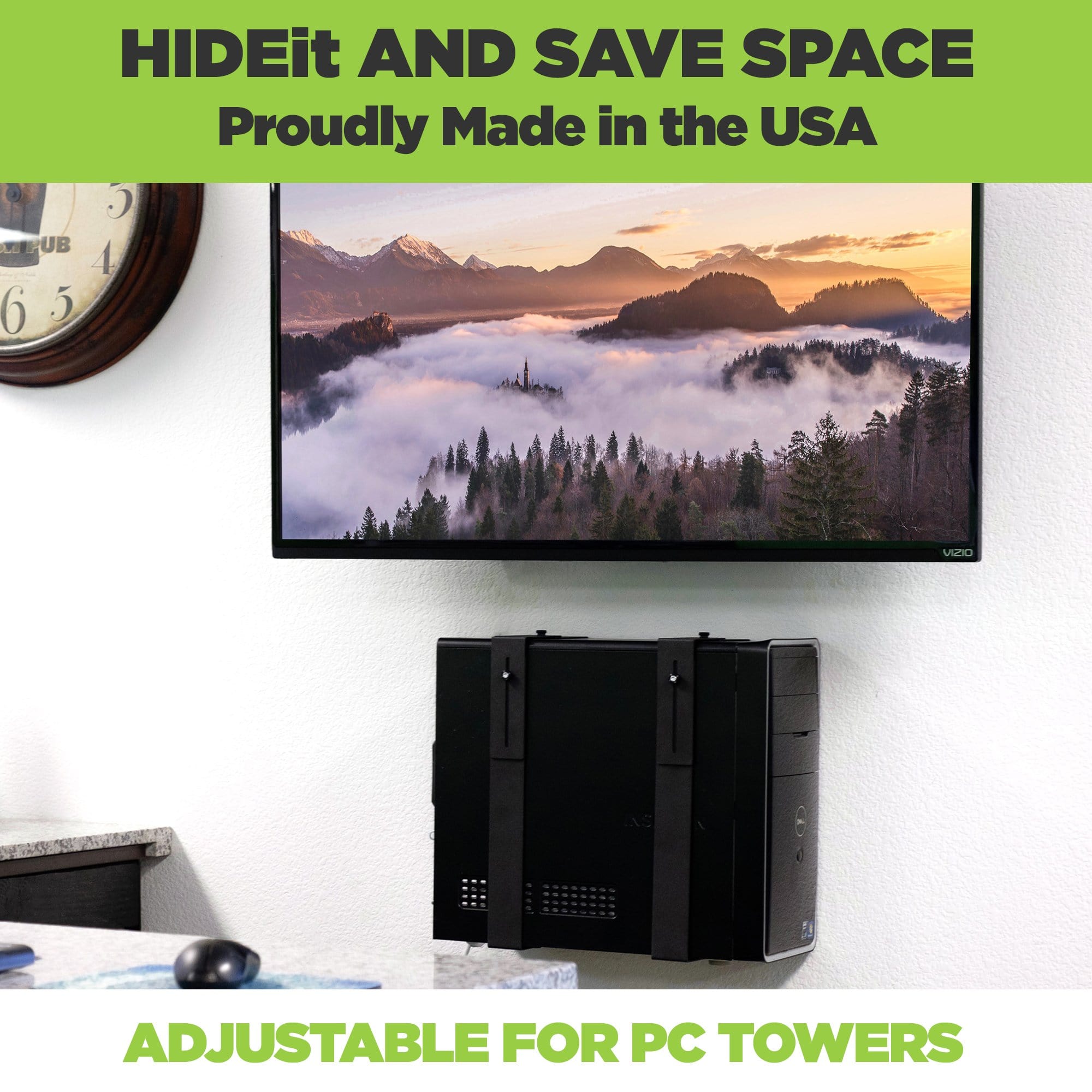 PC mounted on the wall in a HIDEit Mount beneath the wall mounted TV.