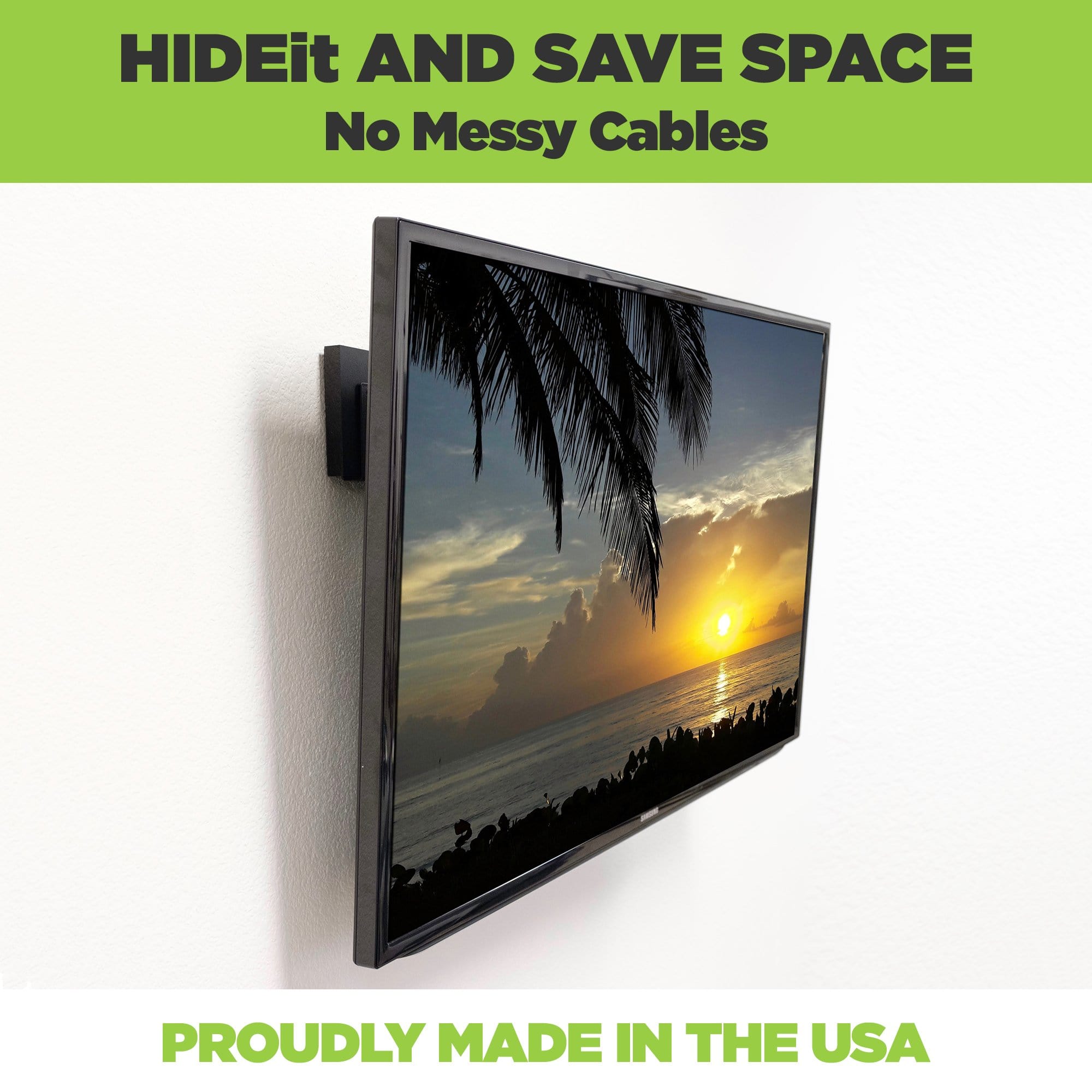 HIDEit Uni-XS Mount made from steel securely mounting cable boxes, hard drives, and digital streamers to the wall behind TV.
