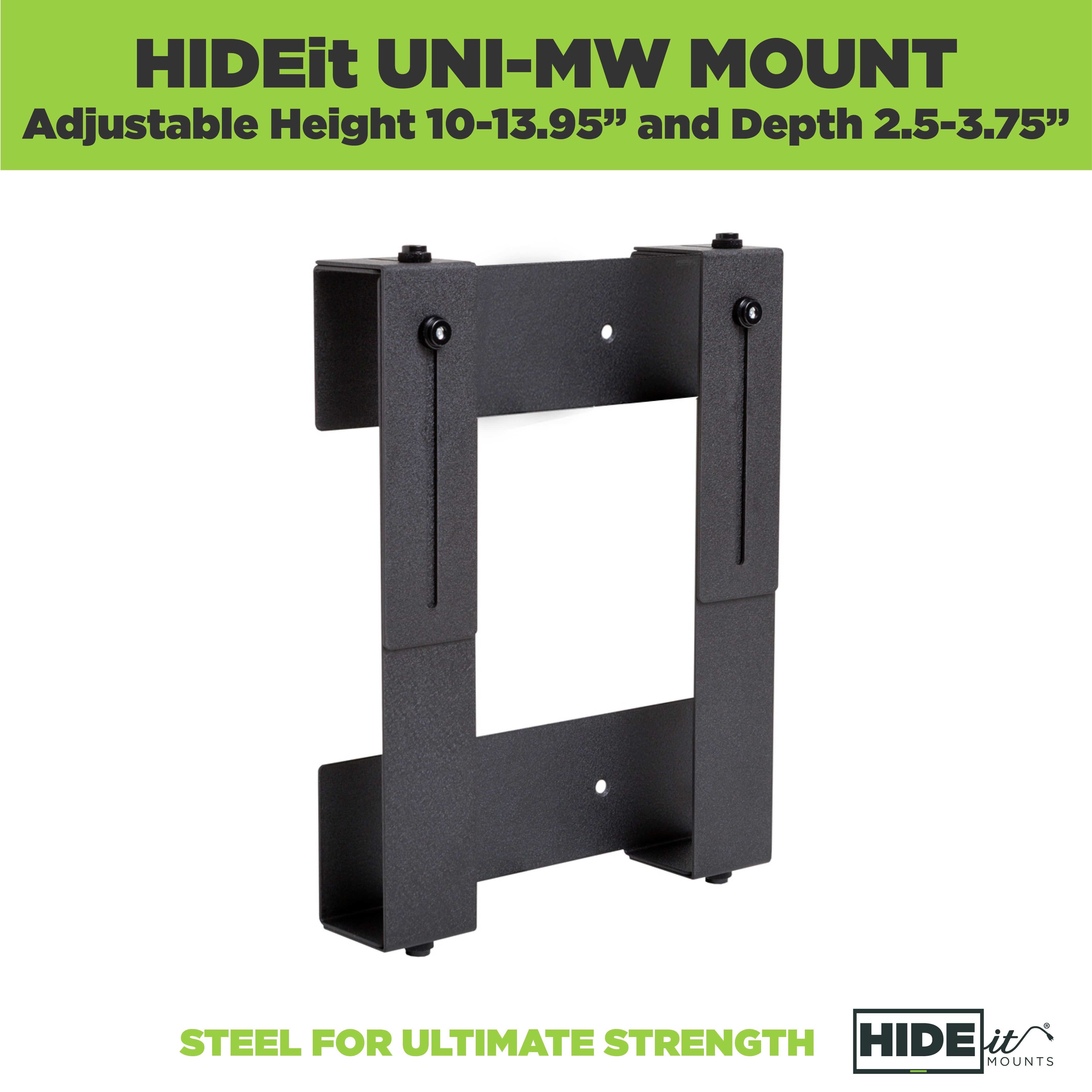 HIDEit Uni-MW Mount. Adjustable height 10-13.95” and depth 2.5-3.75" A mount for a cable box