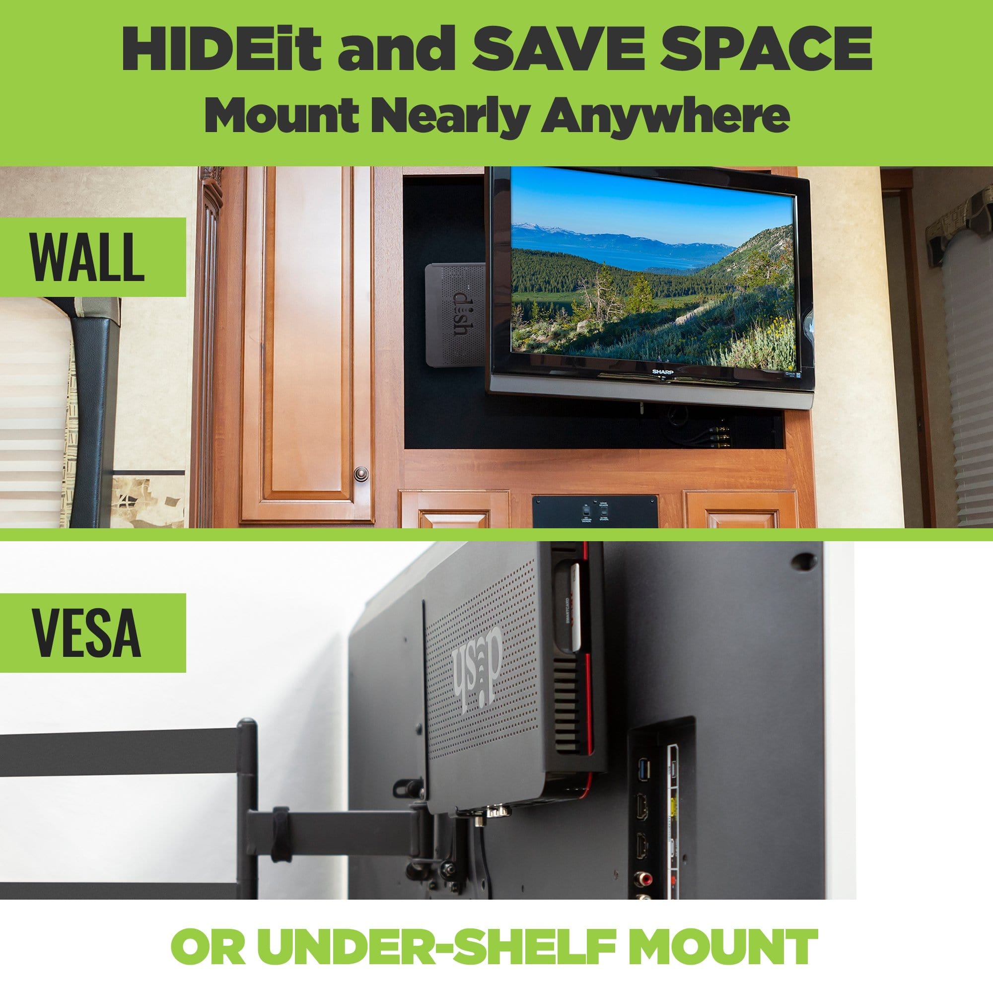 HIDEit Wally Receiver can be wall mounted in RVs and campers or VESA mounted to the back of a wall mounted TV.