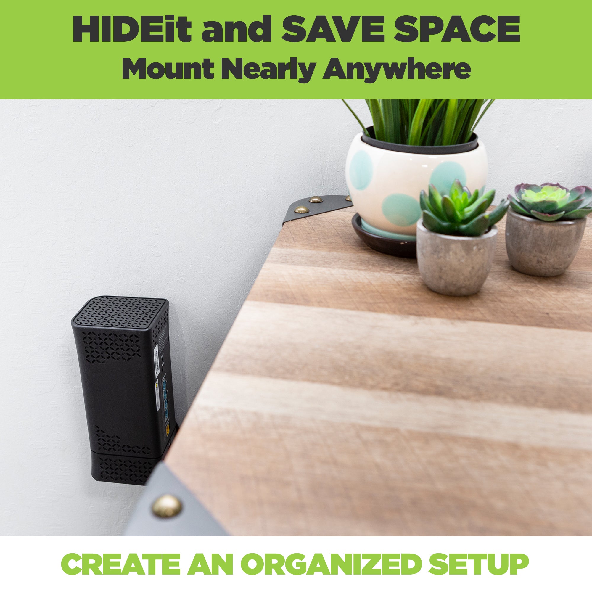 Wall mount Spectrum Internet router for a clean organized desk setup.