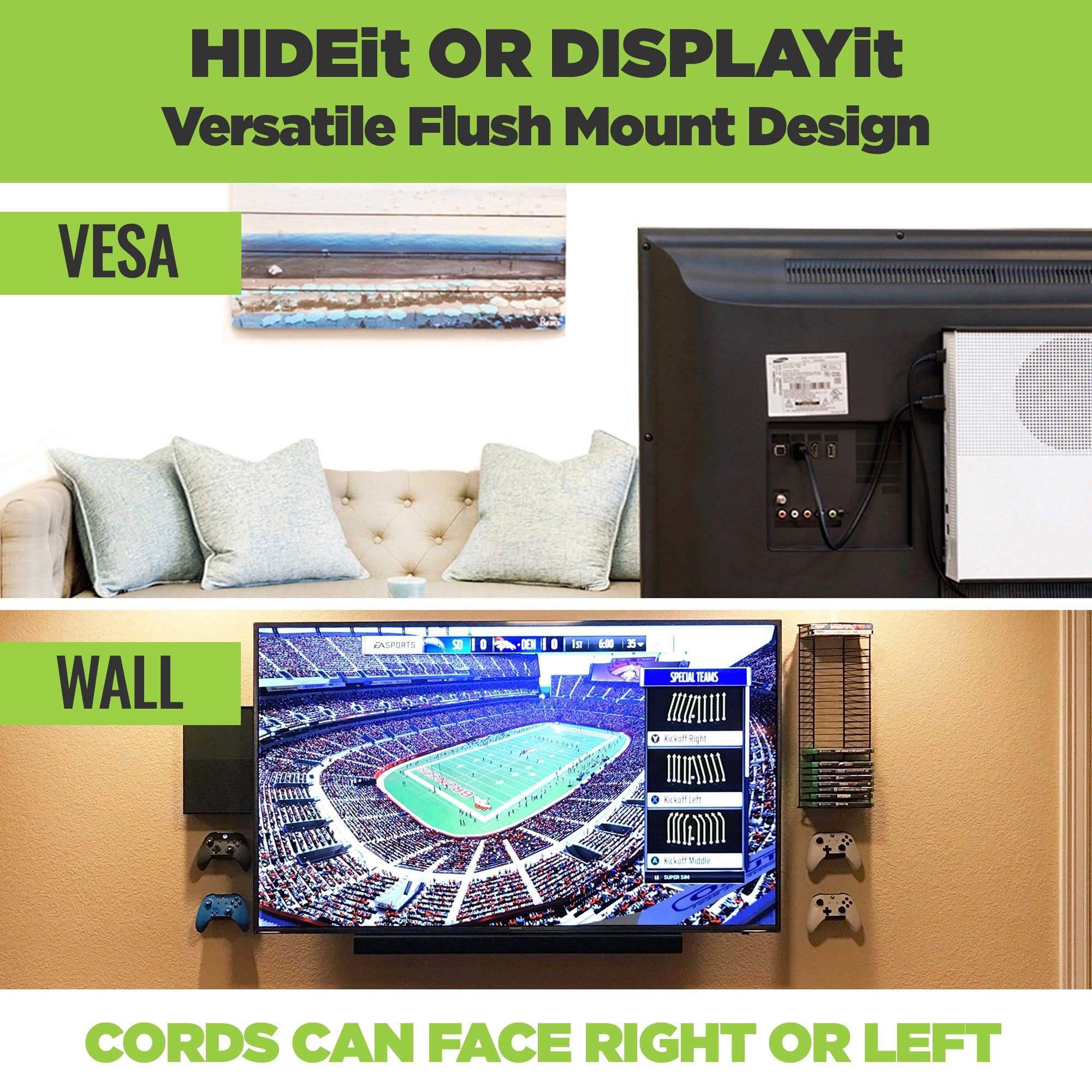 VESA mount Xbox to the back of the TV or wall mount the Xbox One S using HIDEit Xbox Mounts.