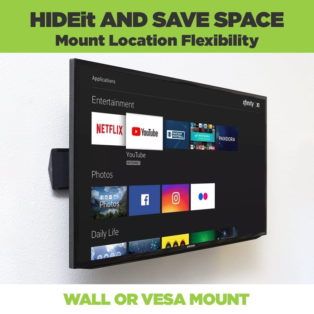 Xi6 Comcast box hidden behind a TV using a HIDEit Mount, can be wall or VESA mounted.