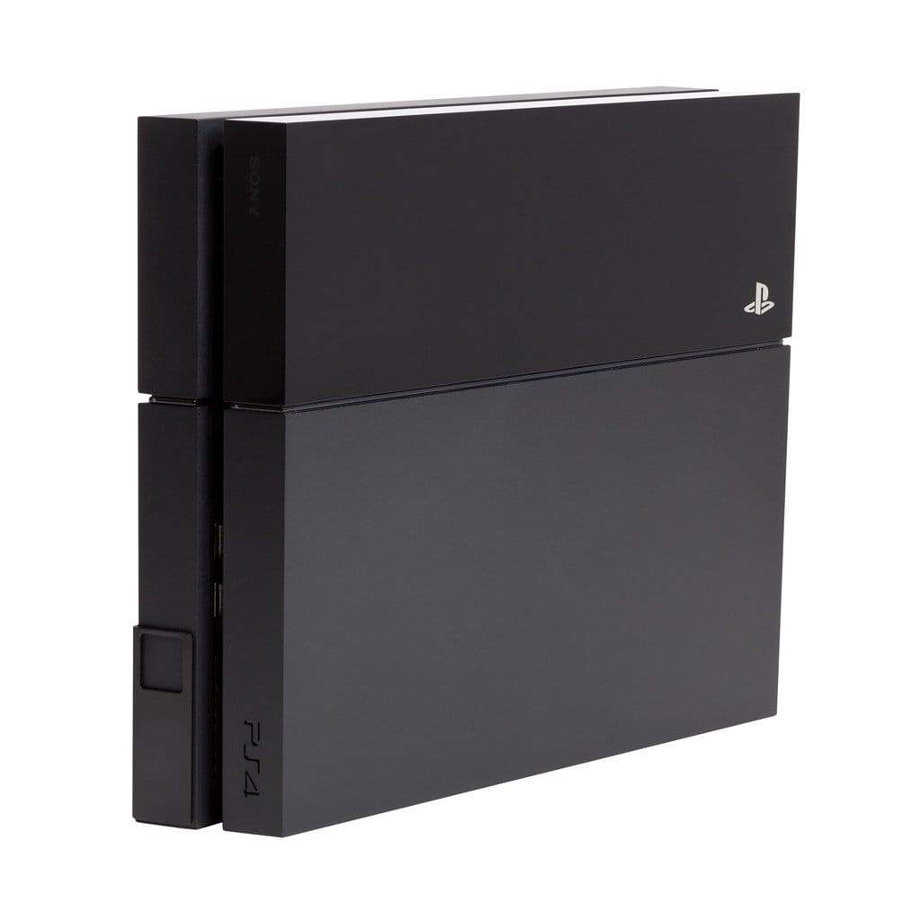 Black PS4 in steel HIDEit Mount designed to securely wall mount Playstation consoles.