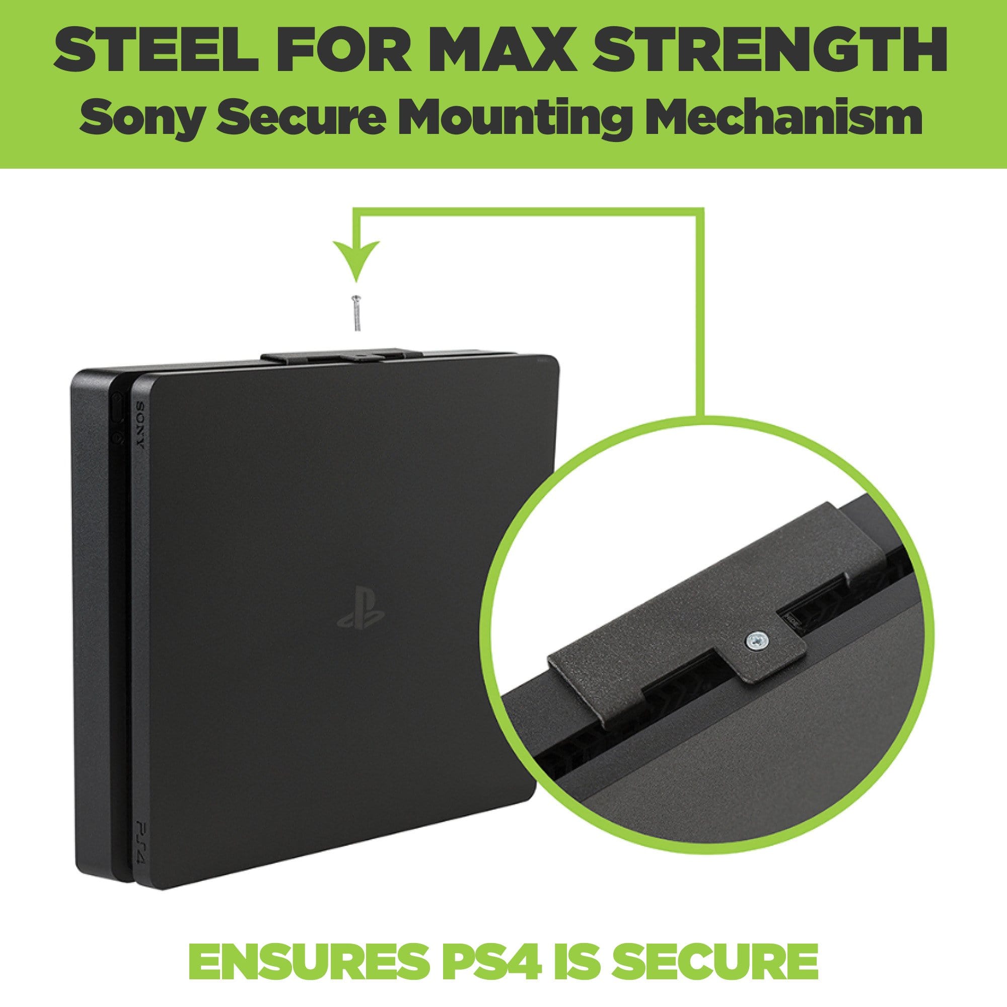  HIDEit wall mount for PS4 Slim, made from steel, allows easy access to ports.