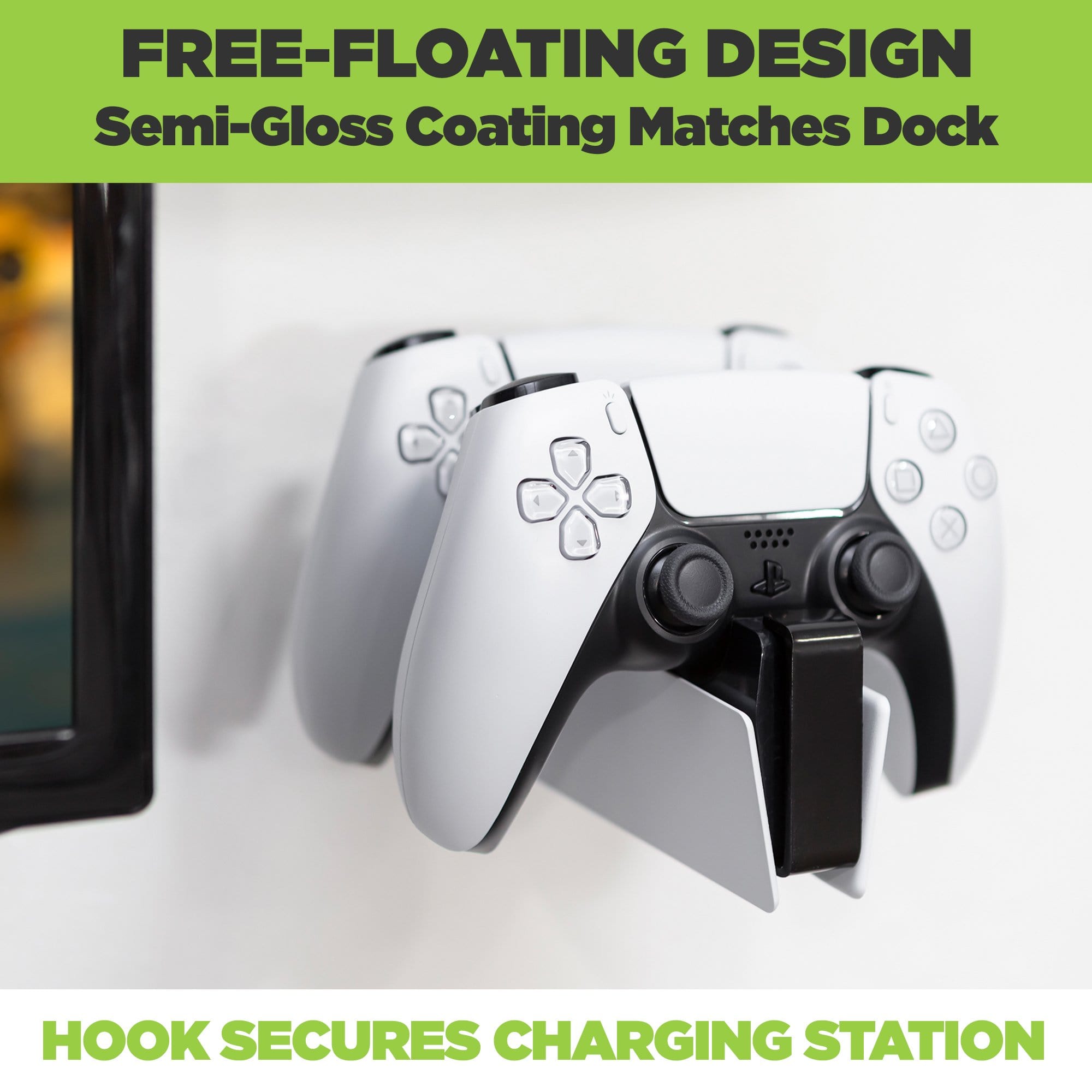 Close up image of the HIDEit DualSense Charging Station Wall Mount shown with PS5 controllers charging in the dock. 