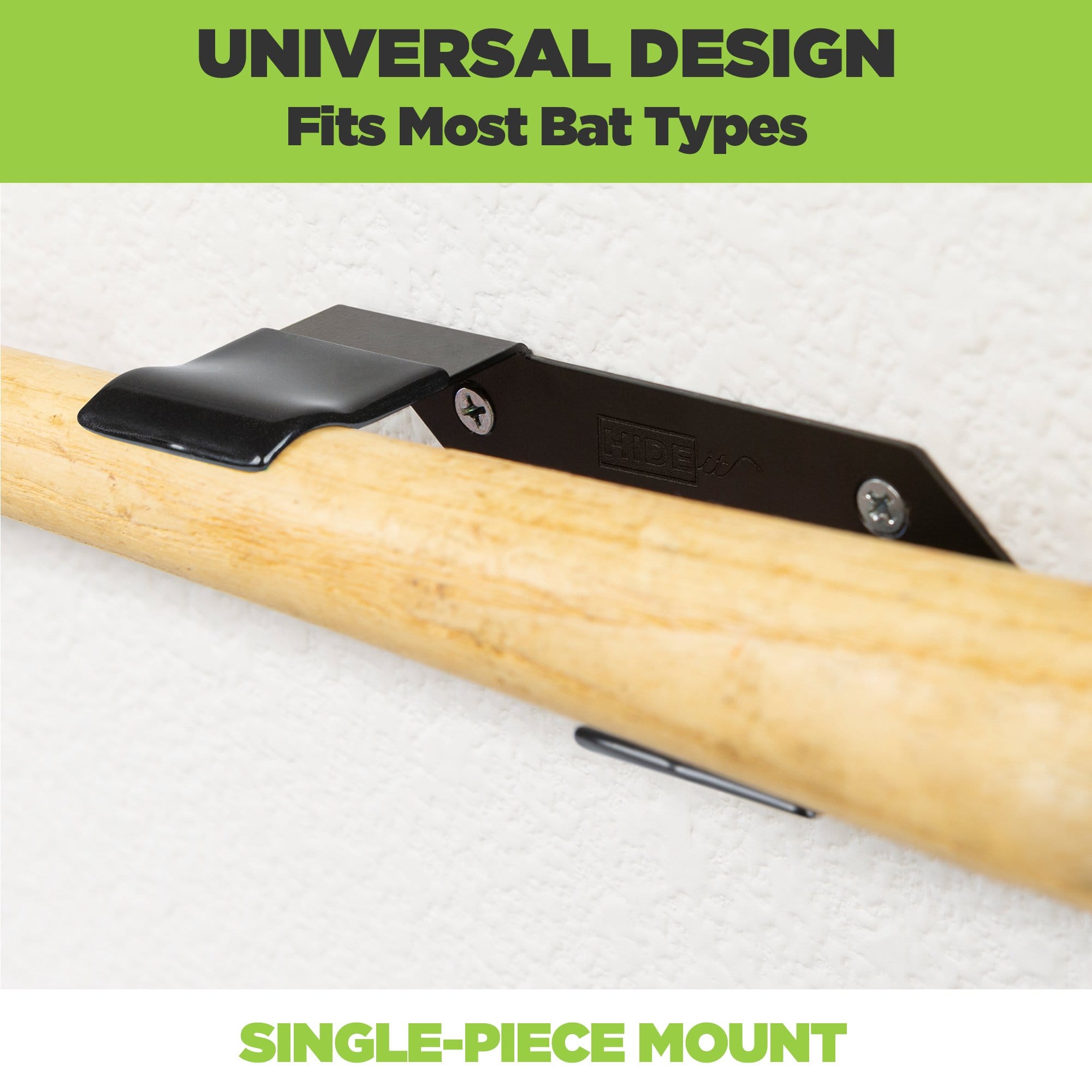 Adult baseball bat is securely held in the HIDEit HBat Horizontal bat wall mount.