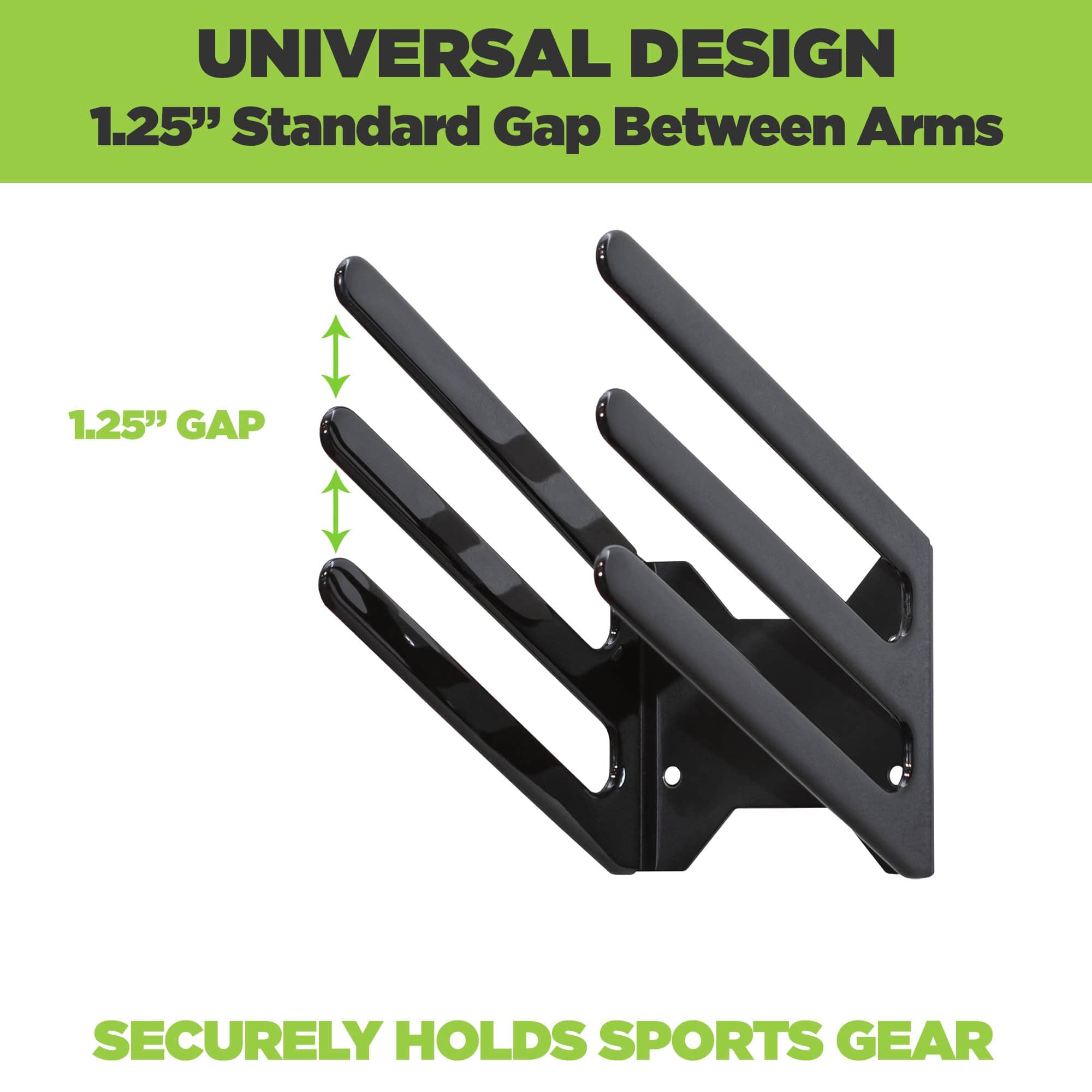 Universal board rack has 3 arms to securely store sports gear including longboards, skimboards and wakeboards.