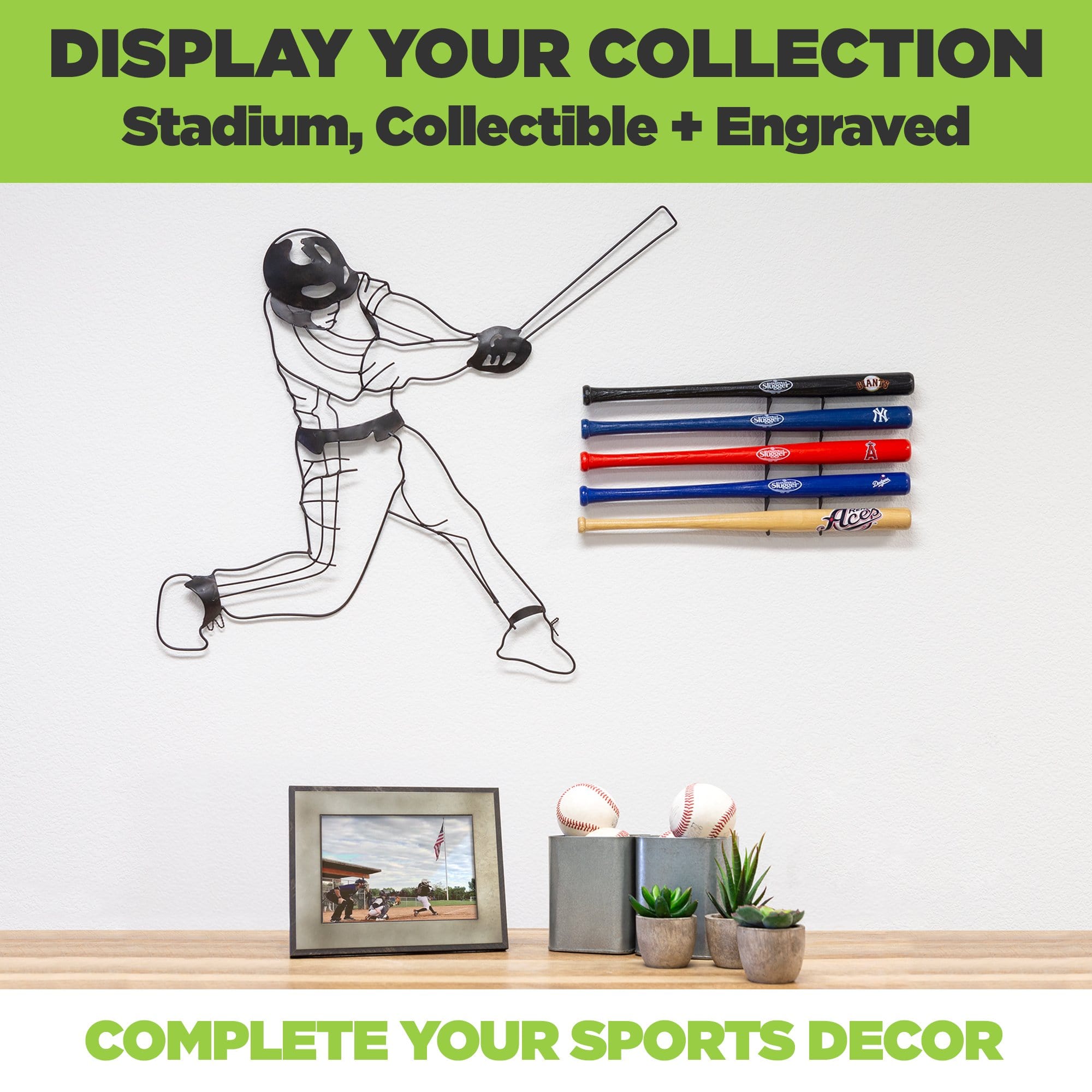 Zoomed out view of sports room decor with the HIDEit Mini Bat Display Mount. 5 Mini bats are shown mounted using the HIDEit Mini Bat Wall Mount.