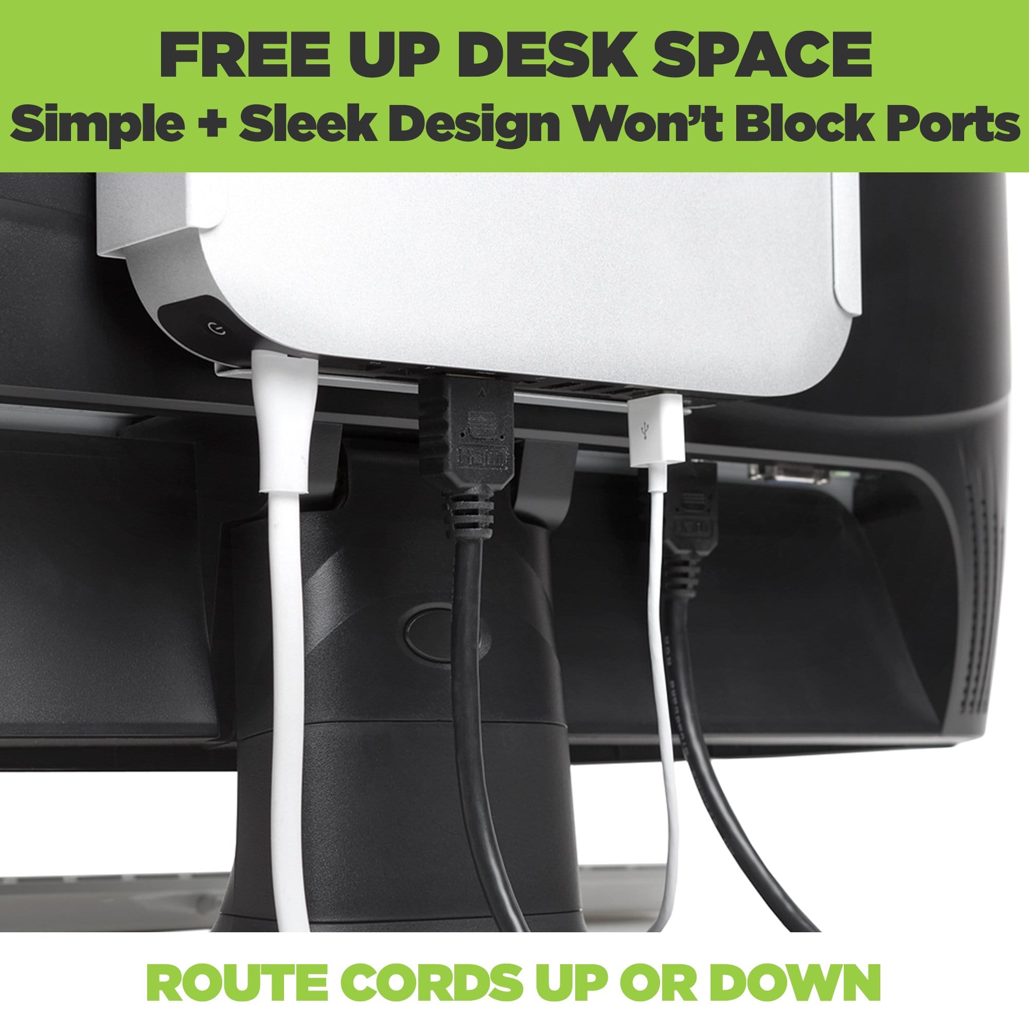 Silver MiniU VESA Mount displayed with cords running up or down.