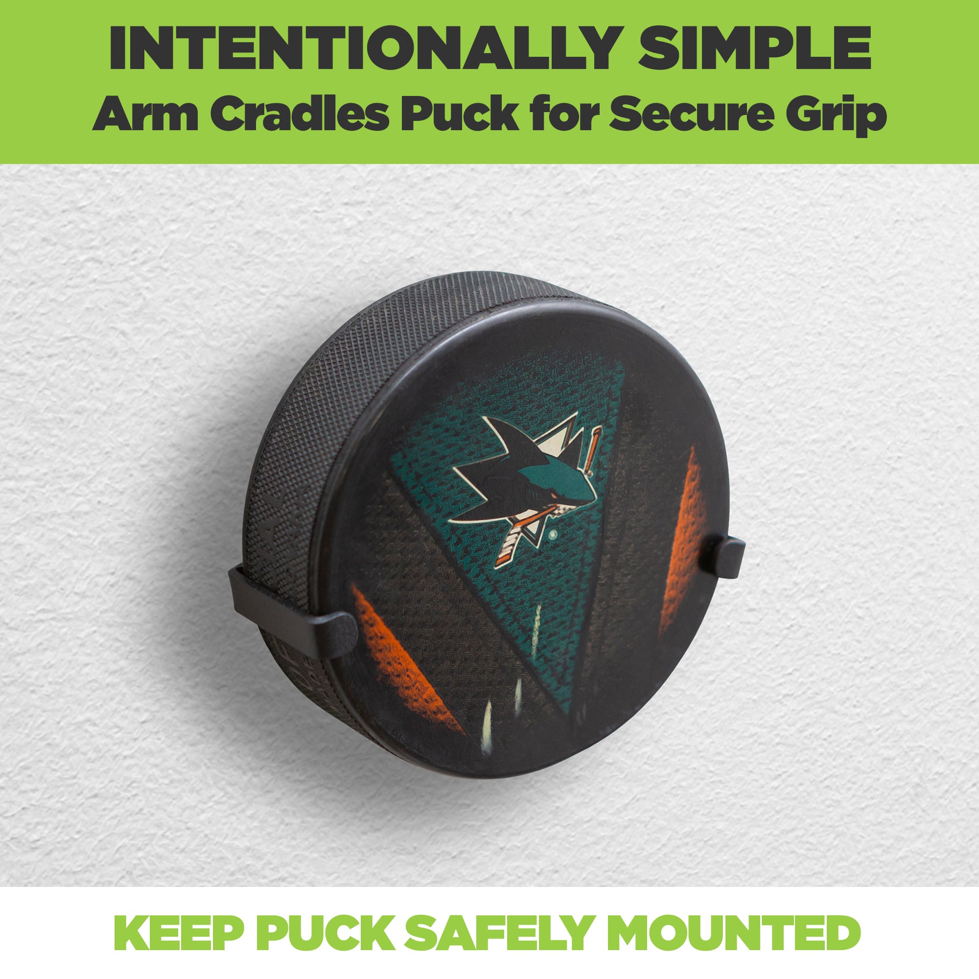 4. HIDEit Mounts Puck single-piece wall mount with San Jose Sharks NHL hockey puck safely mounted.