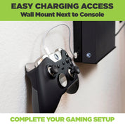 HIDEit Mounts video game controller mount next to Xbox console for easy access and charging.