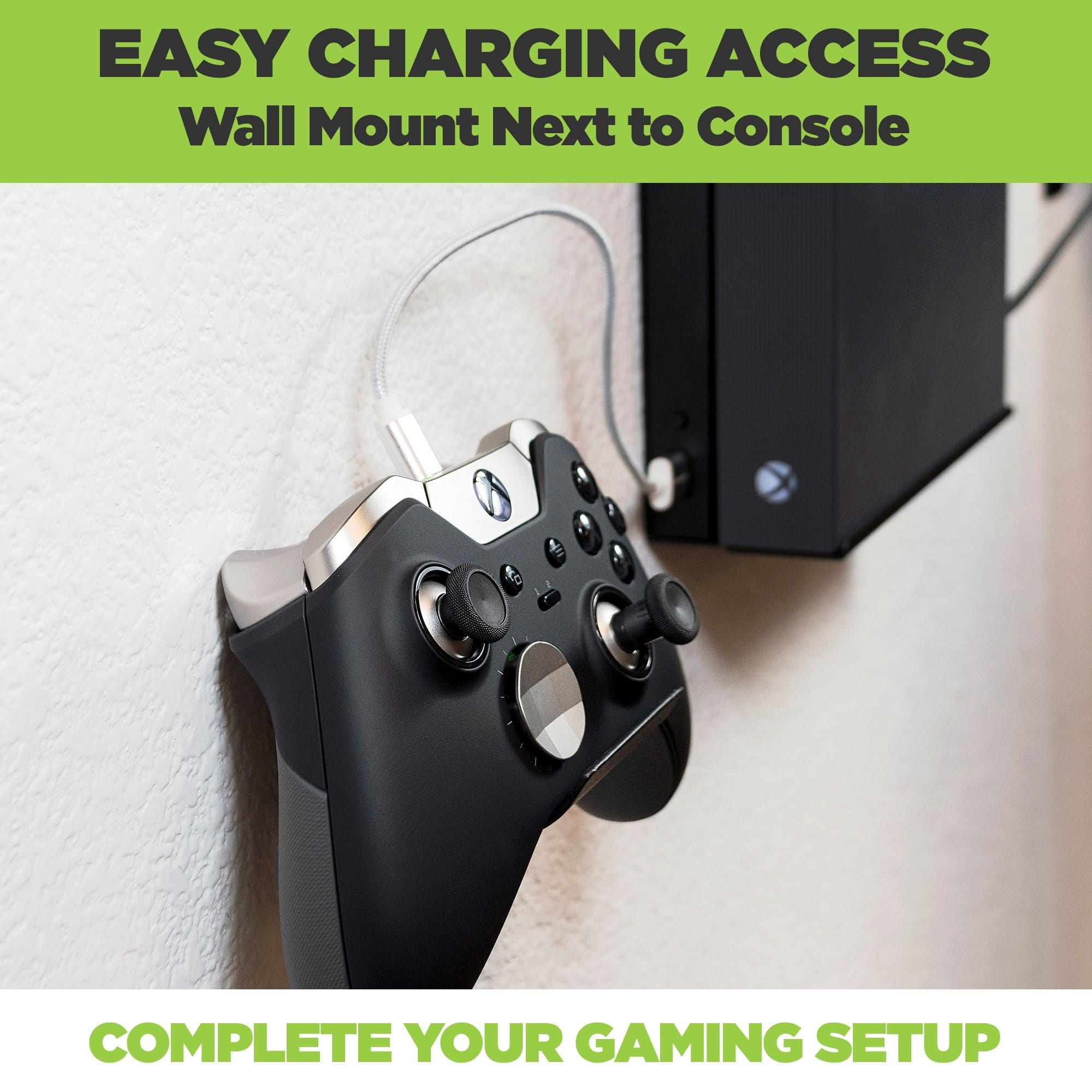 HIDEit Mounts video game controller mount next to Xbox console for easy access and charging.