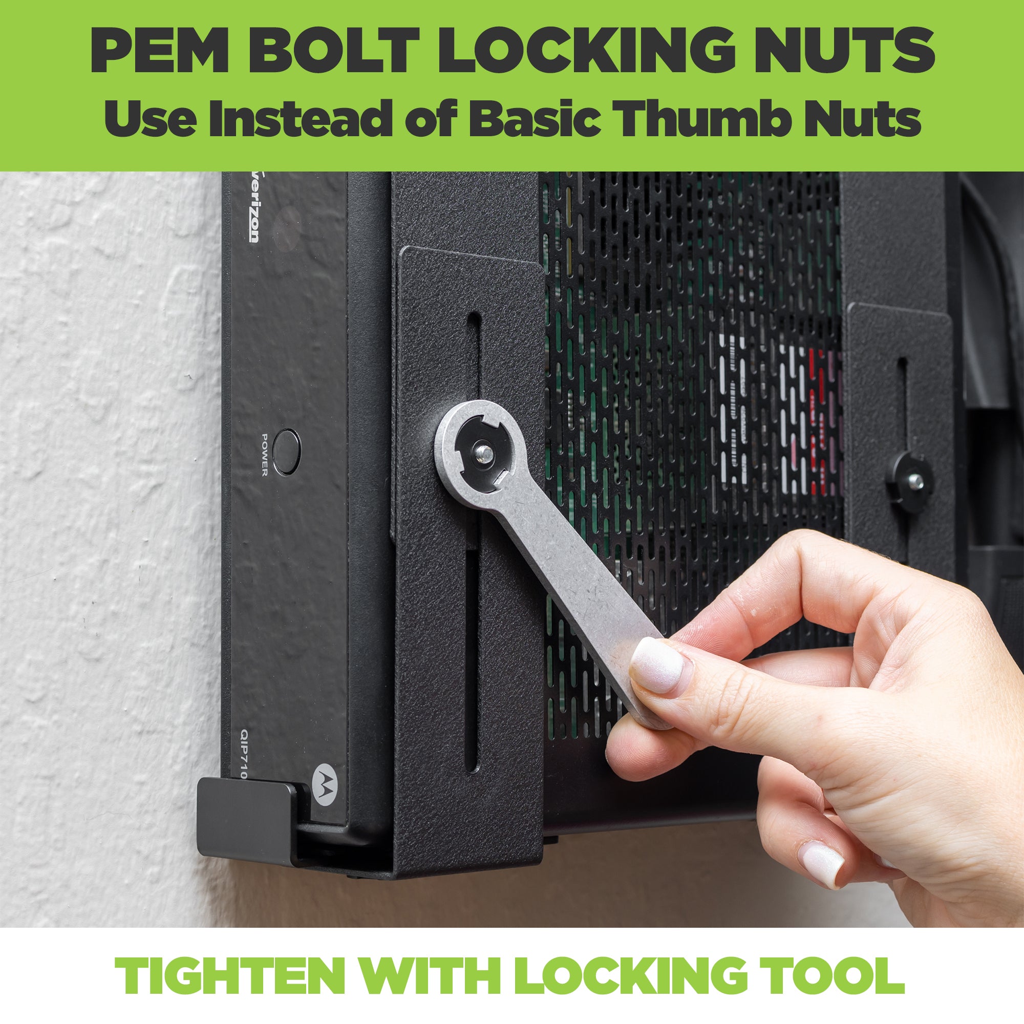 PEM bolt locking nuts and custom locking tool is included with the Theft Deterrent add on. Keep devices safe in public. 