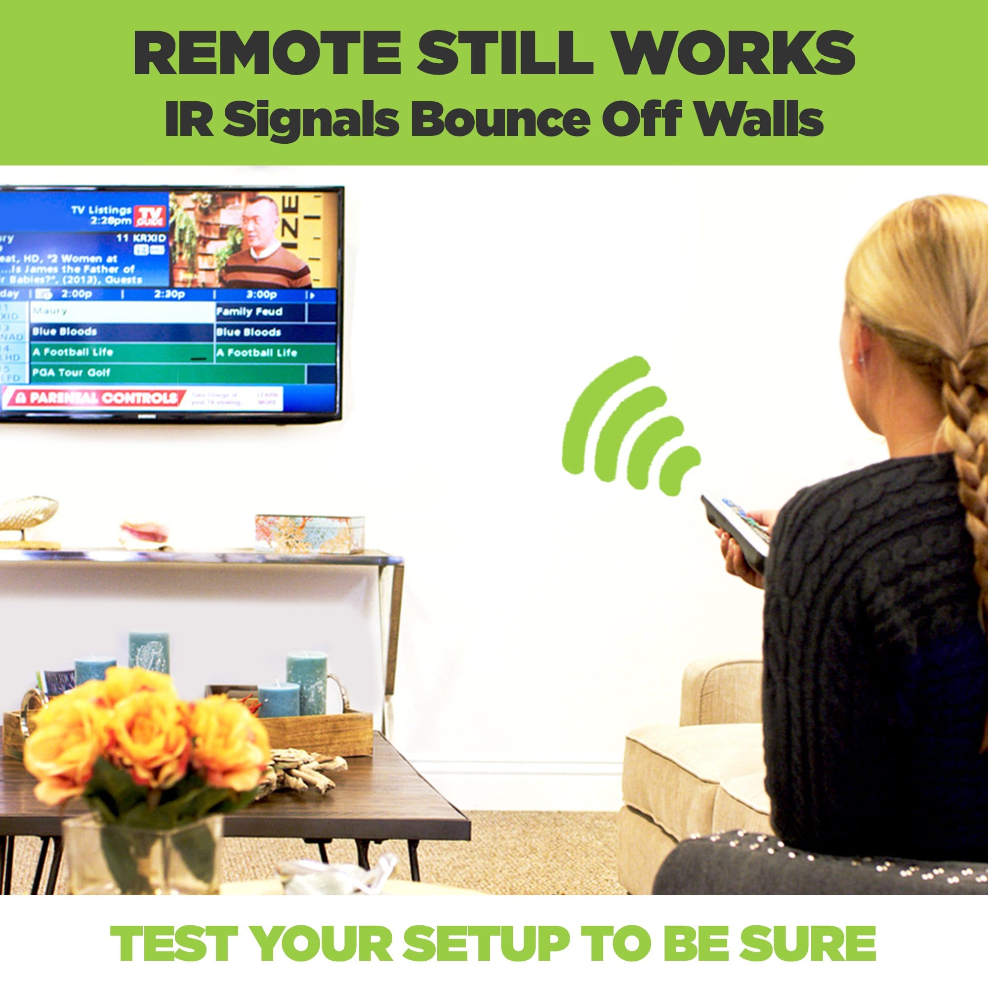 Remote still works with NVIDIA Shield TV mounted behind a wall-mounted TV.