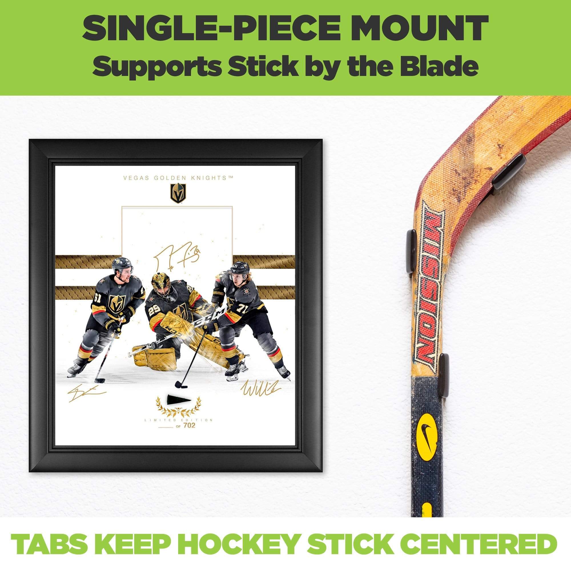 Close up of a hockey stick wall mounted in the HIDEit Vertical Hockey Stick Wall Mount. Next to Golden Knights hockey memorabilia.