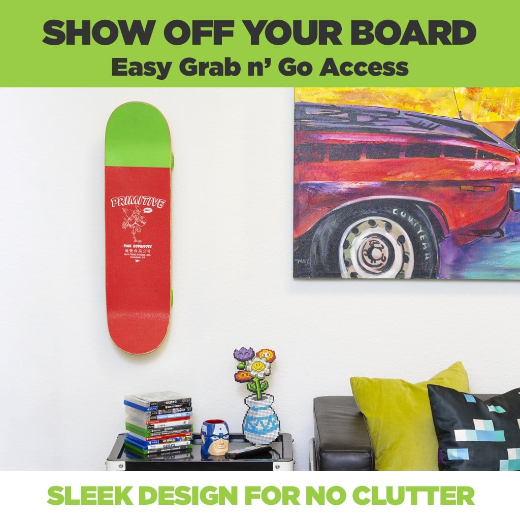 Kids skateboard mounted on the wall next to a picture in a vertical skateboard mount made by HIDEit Mounts.