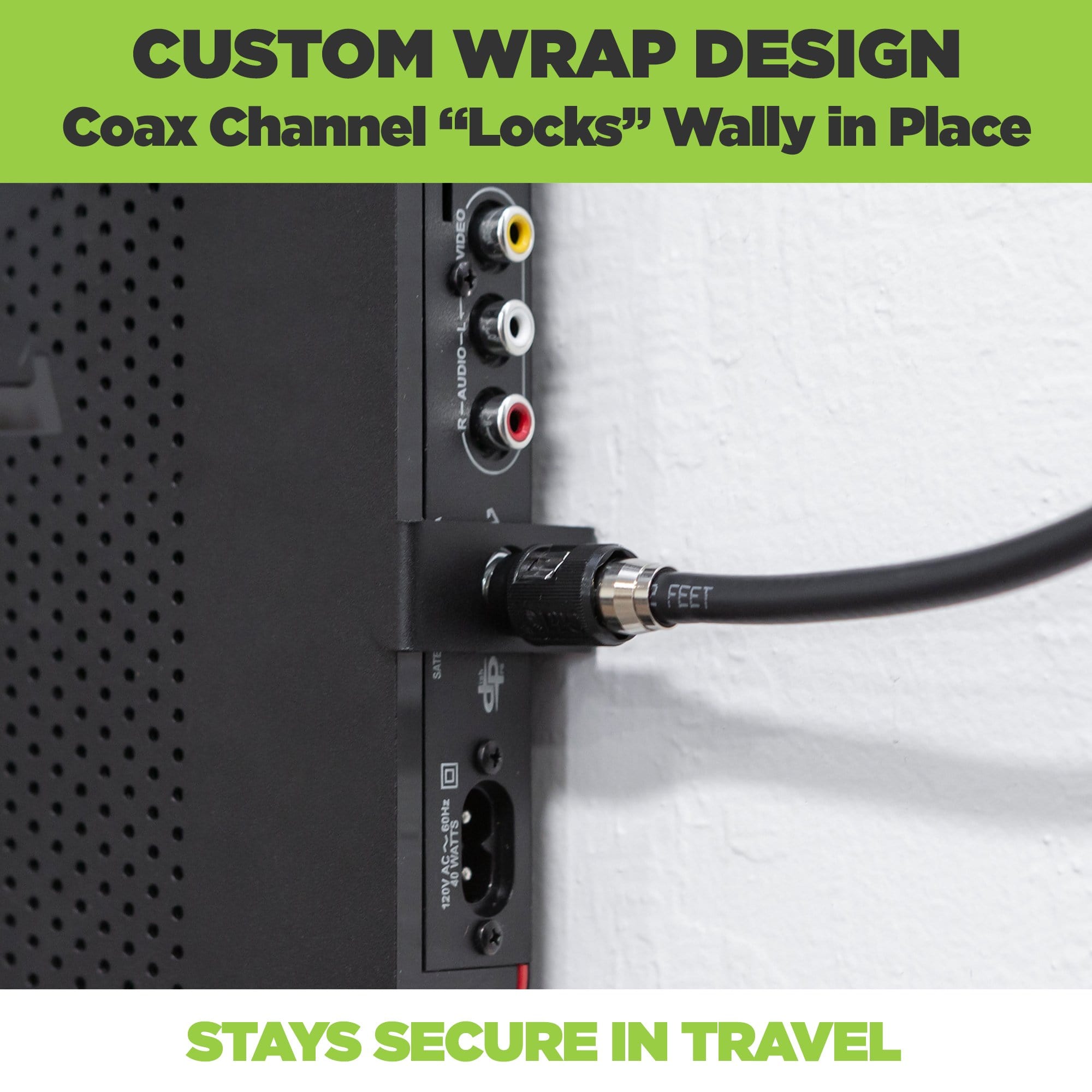 Unique coax channel locks the DISH Wally Receiver in place in the HIDEit Wall Mount for Wally Receiver